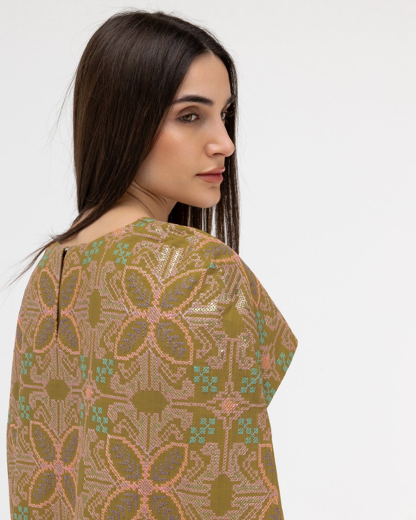 Olive Green Dress with Embroidered Cape