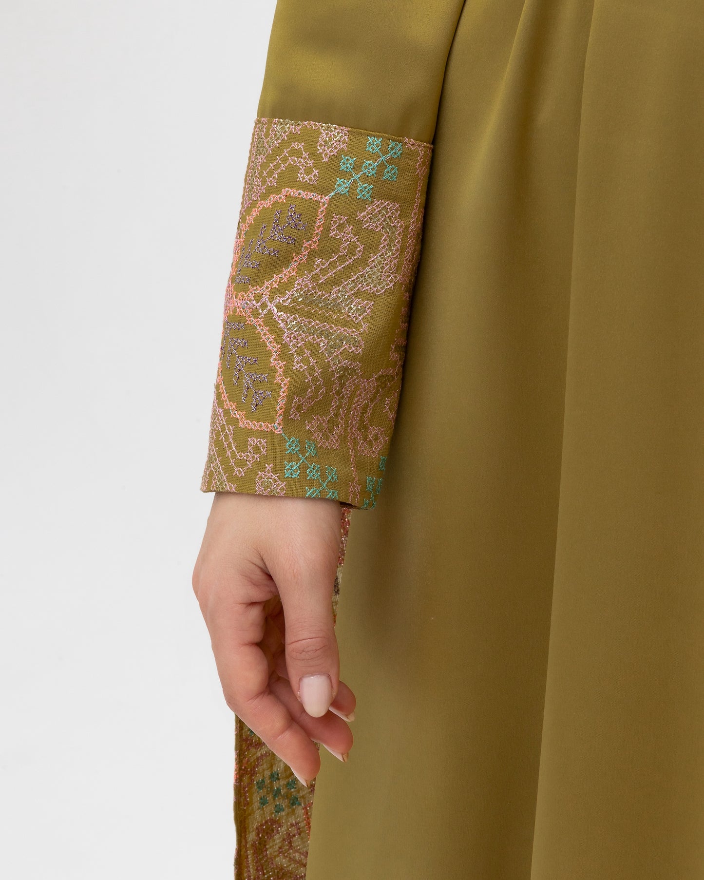 Olive Green Dress with Embroidered Cape