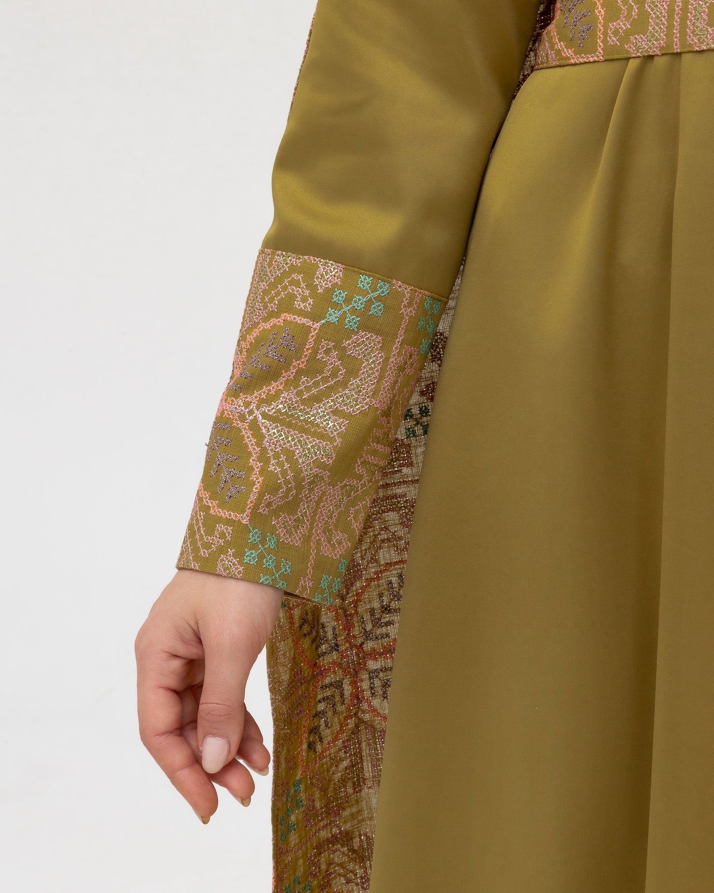 Olive Green Dress with Embroidered Cape