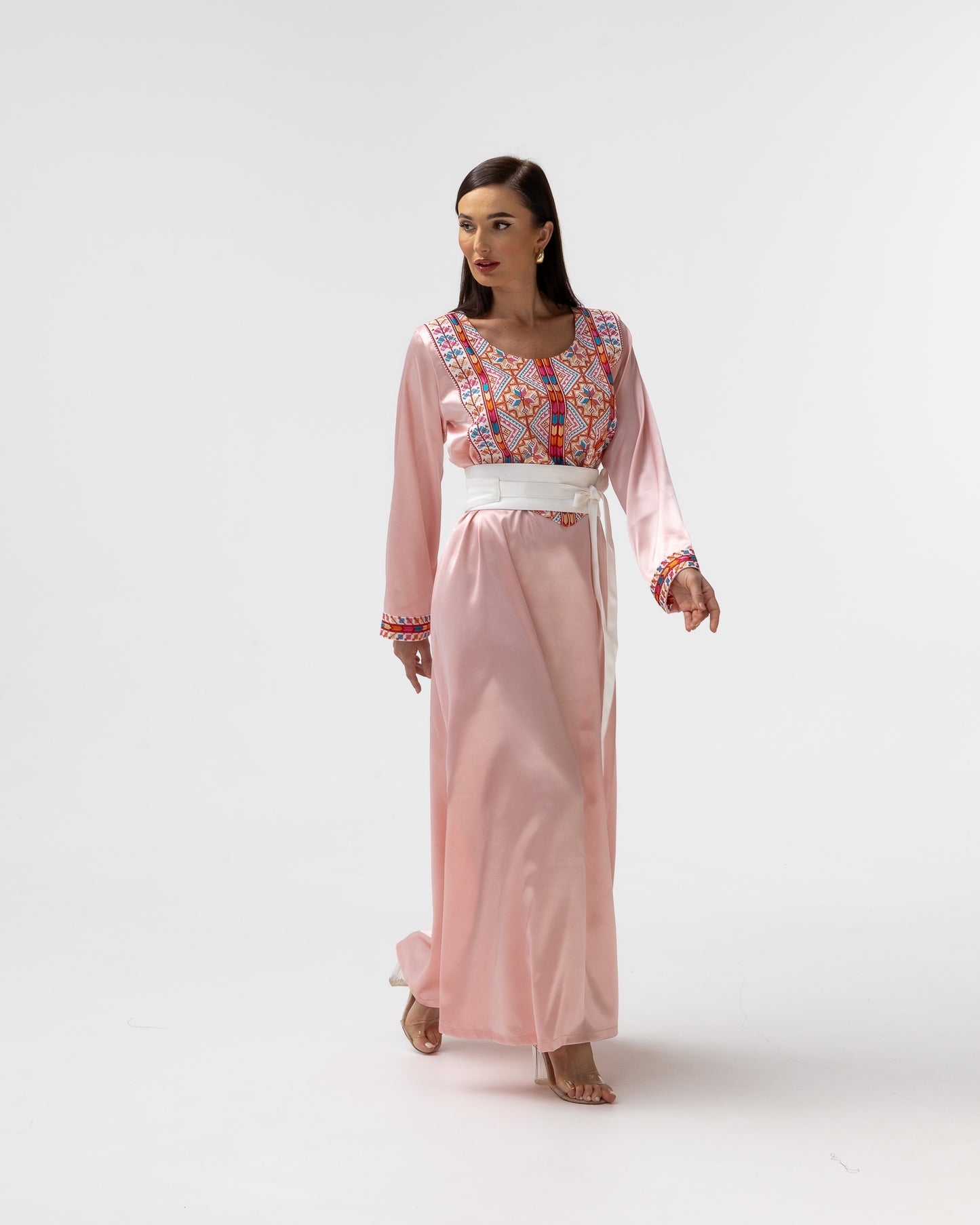 Blush Kaftan with Multicolored Embroidery