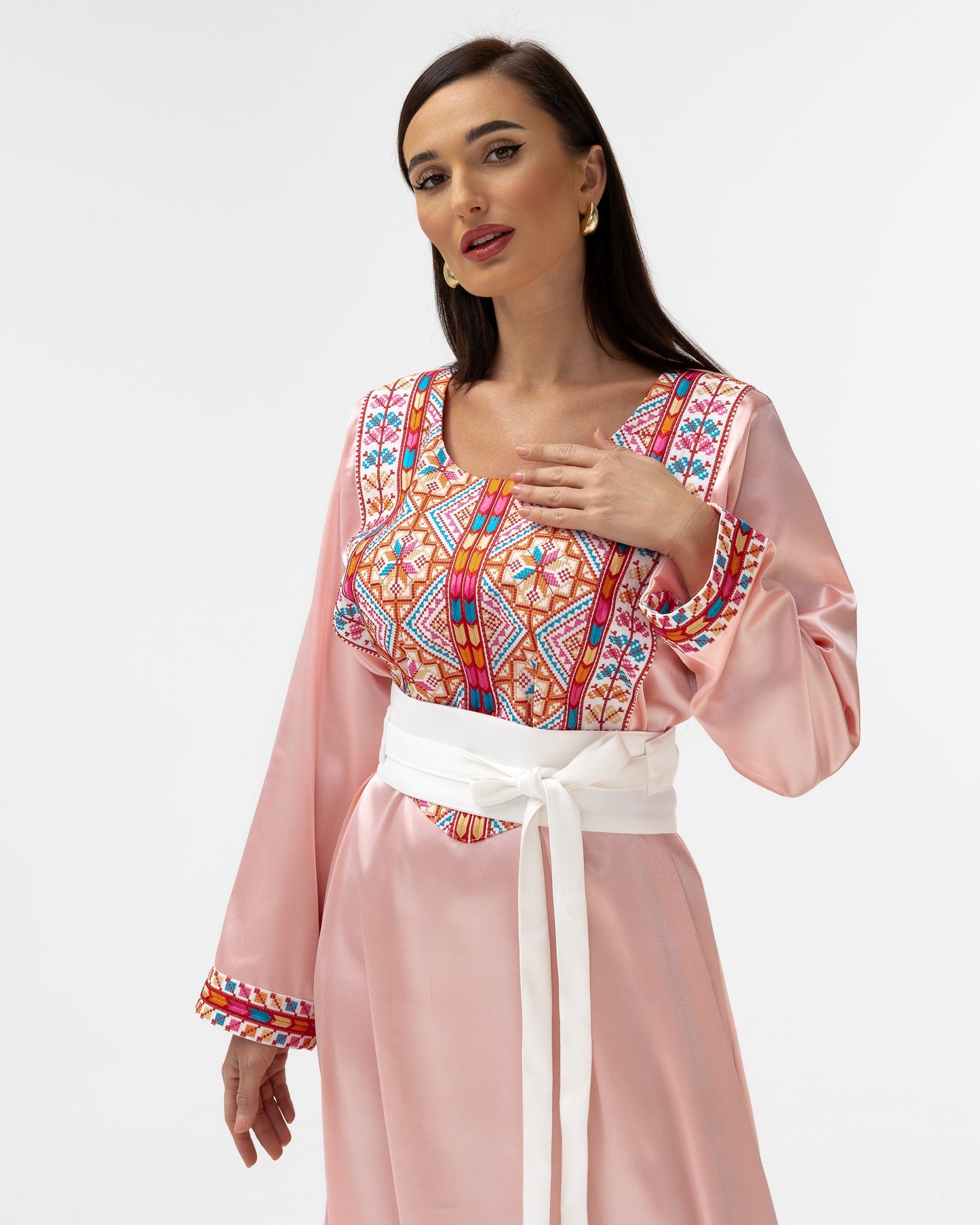 Blush Kaftan with Multicolored Embroidery