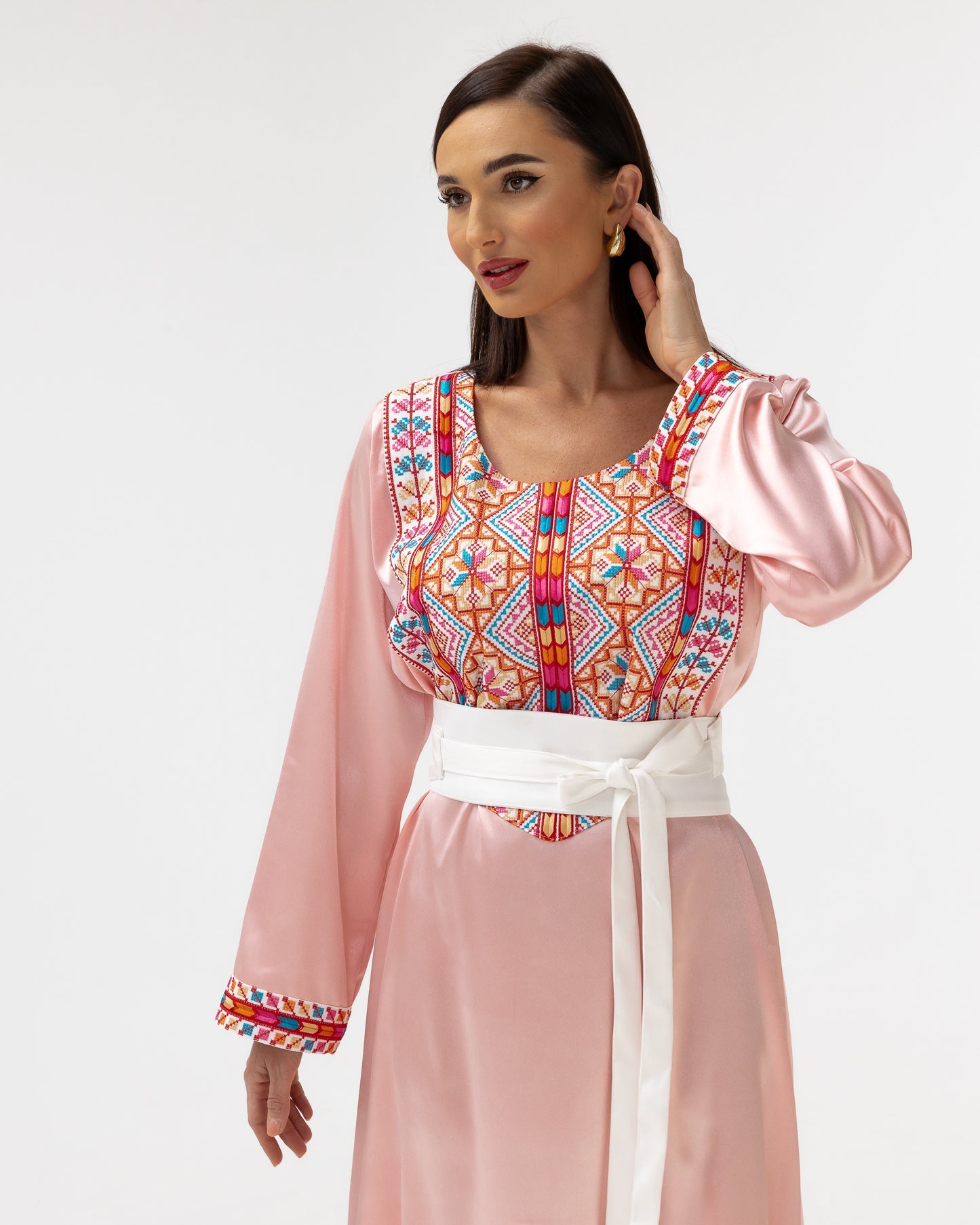 Blush Kaftan with Multicolored Embroidery