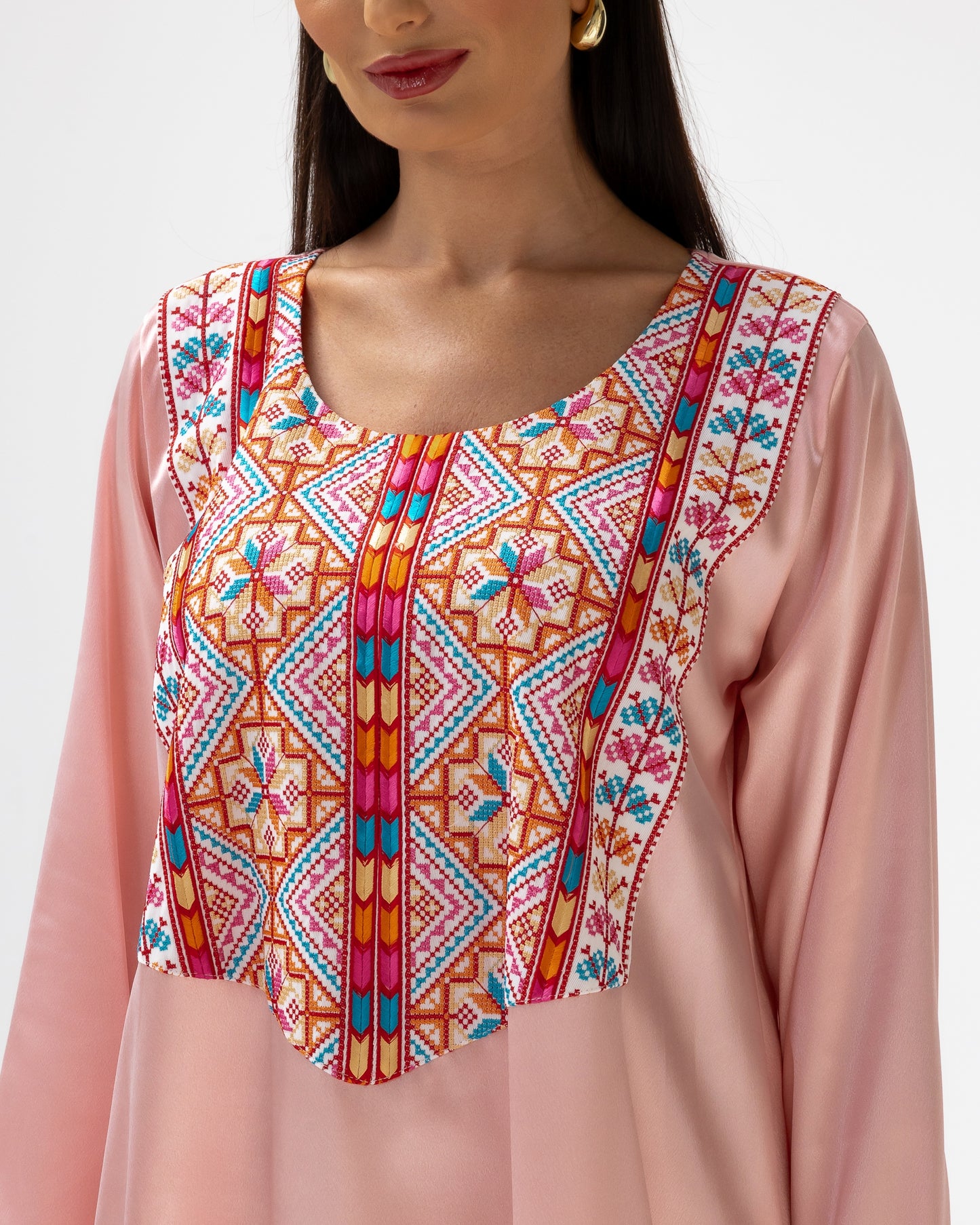 Blush Kaftan with Multicolored Embroidery