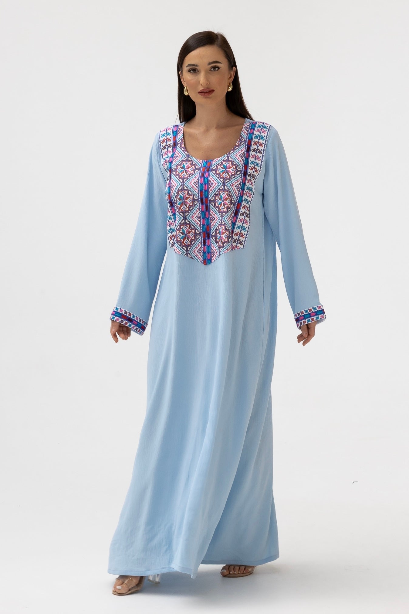 Blue Kaftan with Multicolored Embroidery