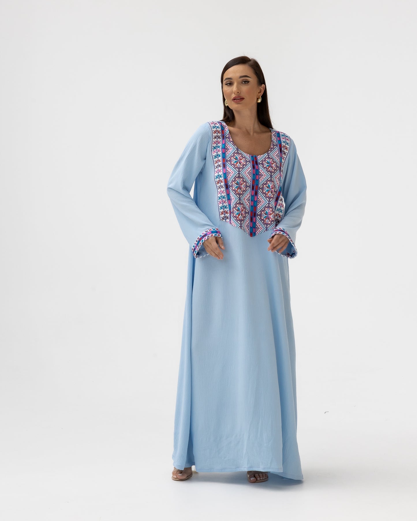 Blue Kaftan with Multicolored Embroidery