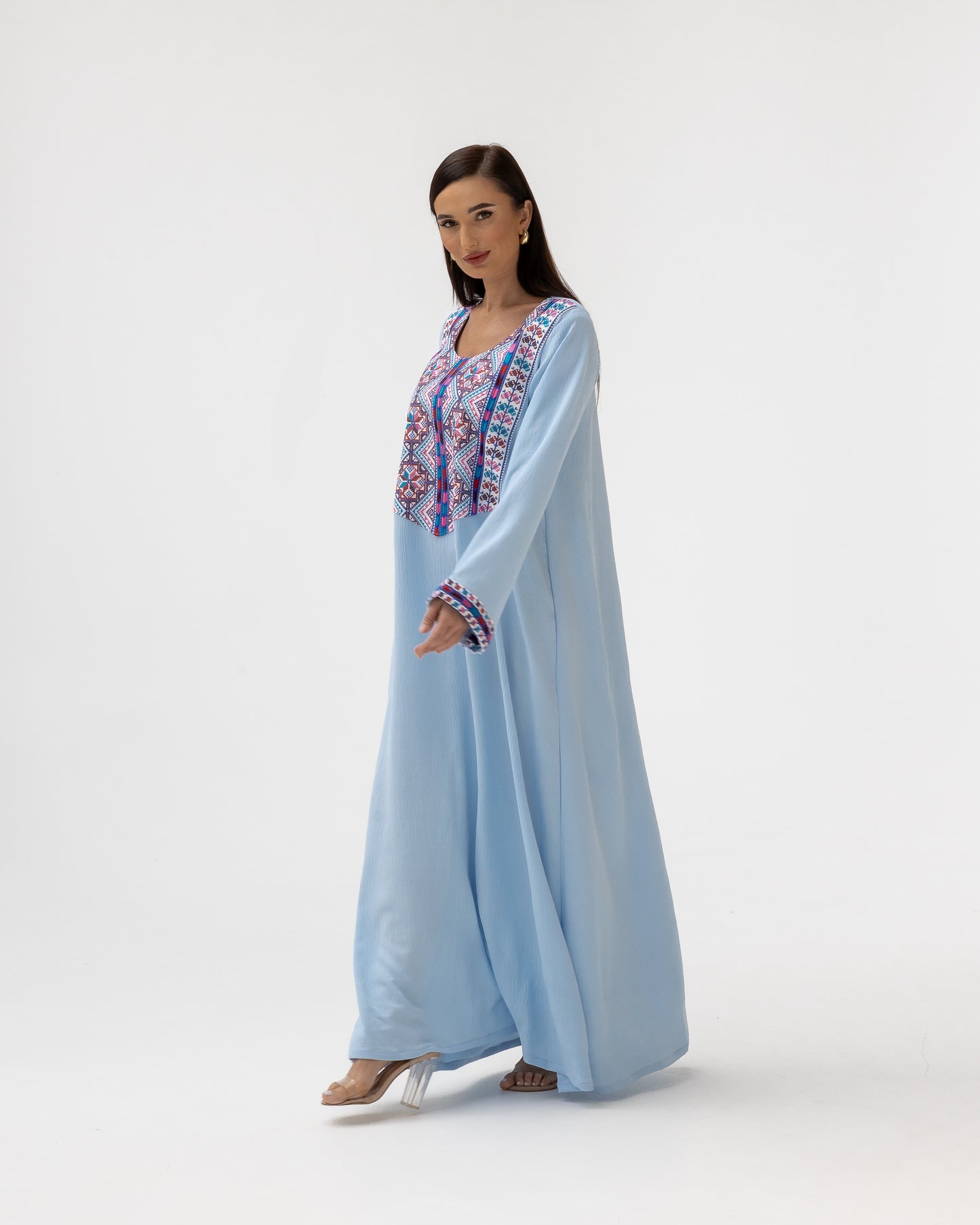 Blue Kaftan with Multicolored Embroidery