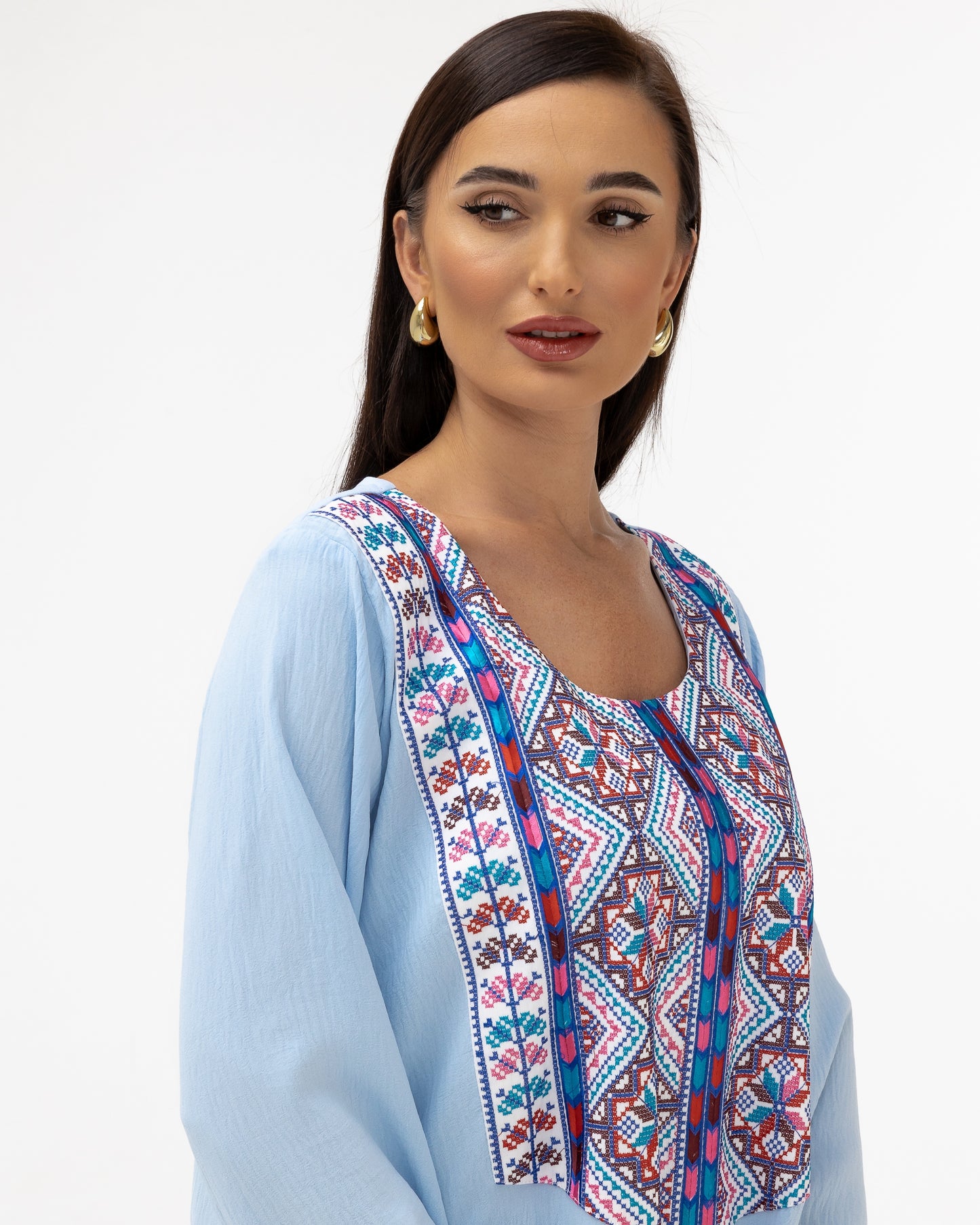 Blue Kaftan with Multicolored Embroidery