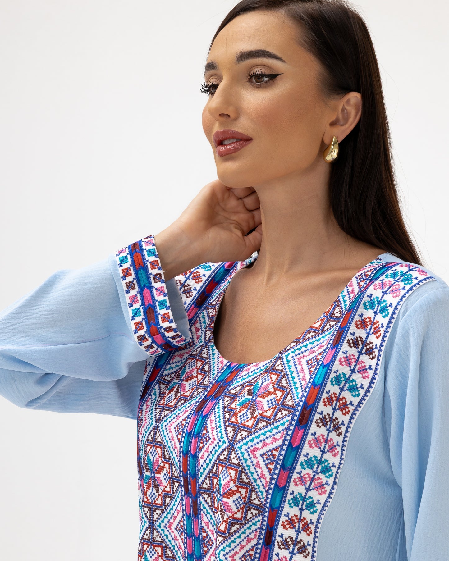 Blue Kaftan with Multicolored Embroidery