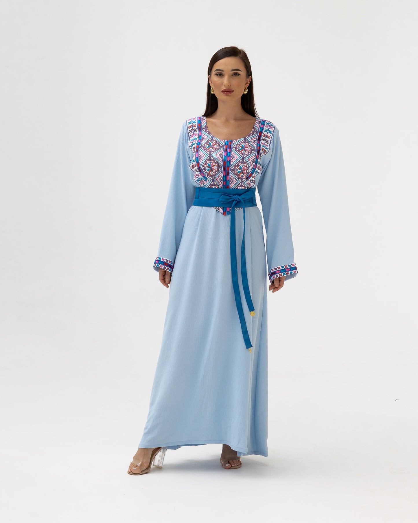 Blue Kaftan with Multicolored Embroidery