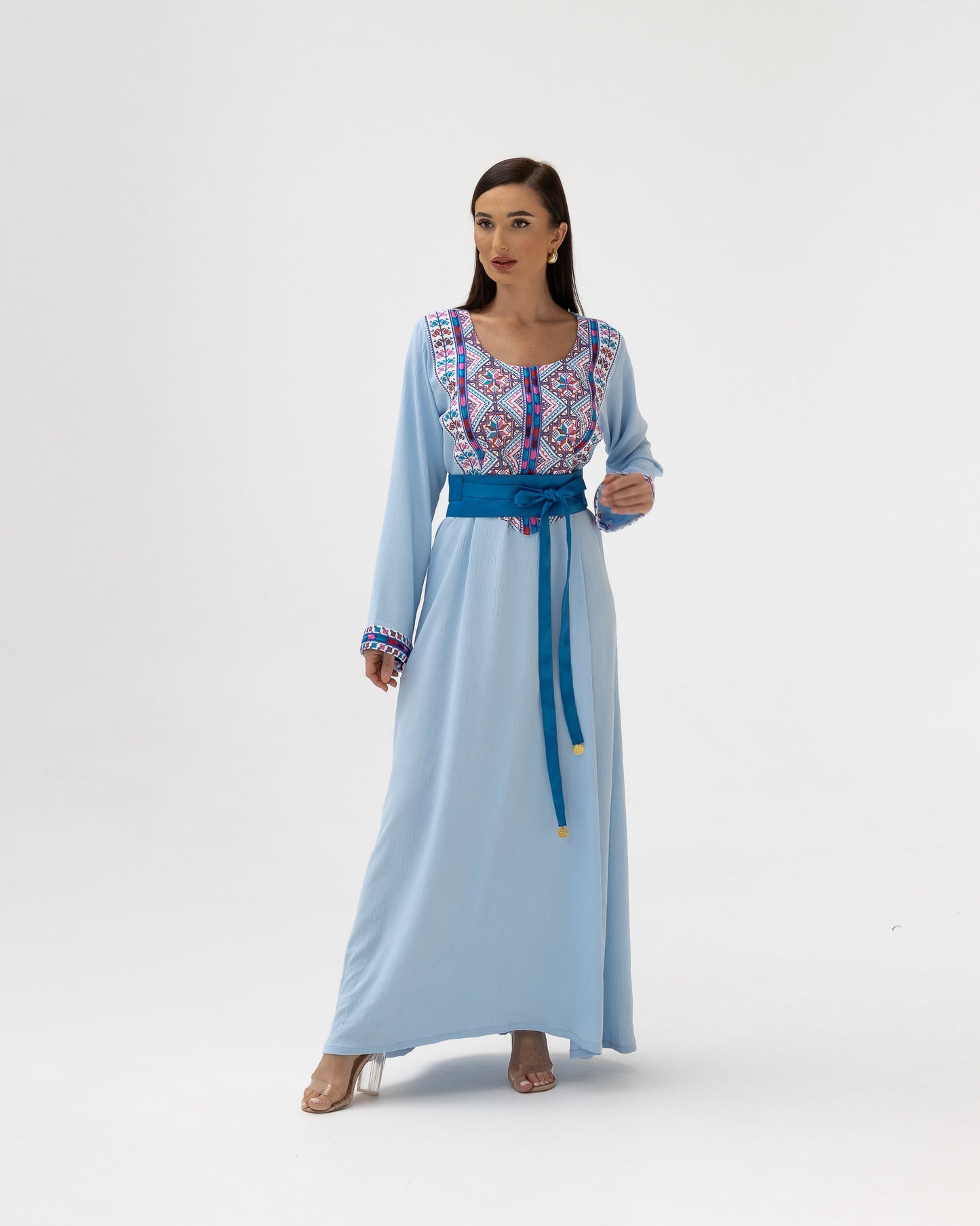 Blue Kaftan with Multicolored Embroidery