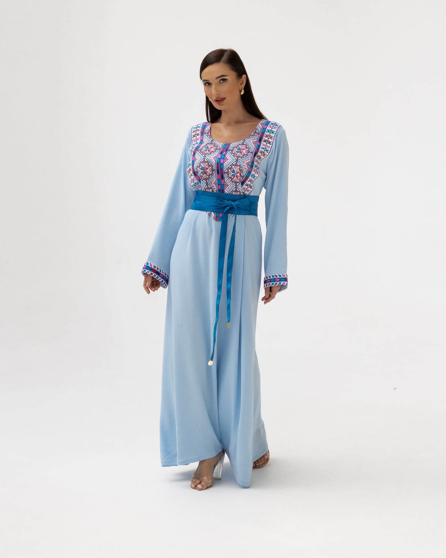 Blue Kaftan with Multicolored Embroidery