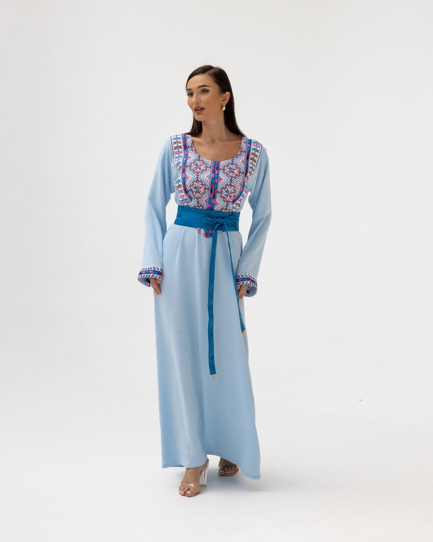 Blue Kaftan with Multicolored Embroidery