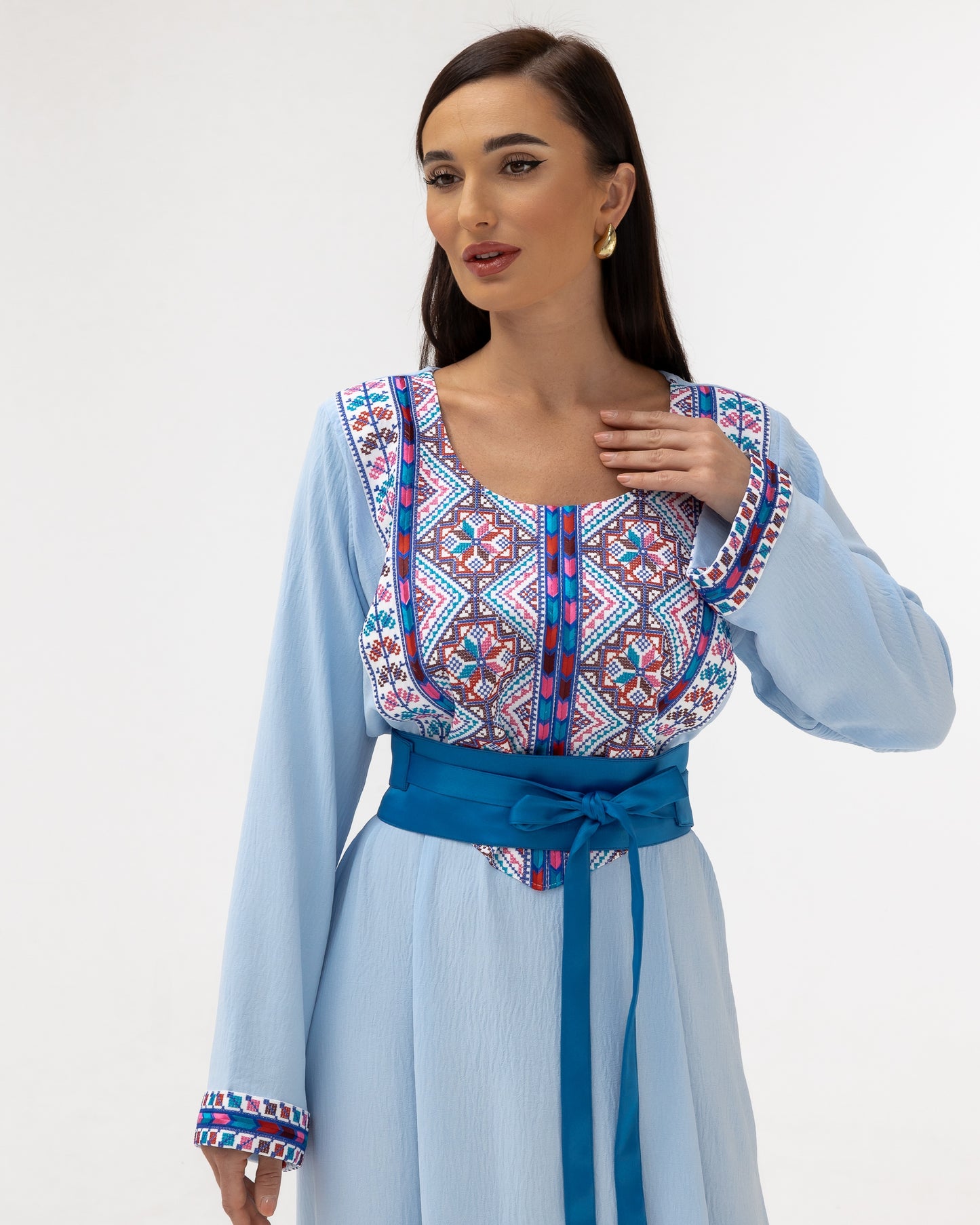 Blue Kaftan with Multicolored Embroidery