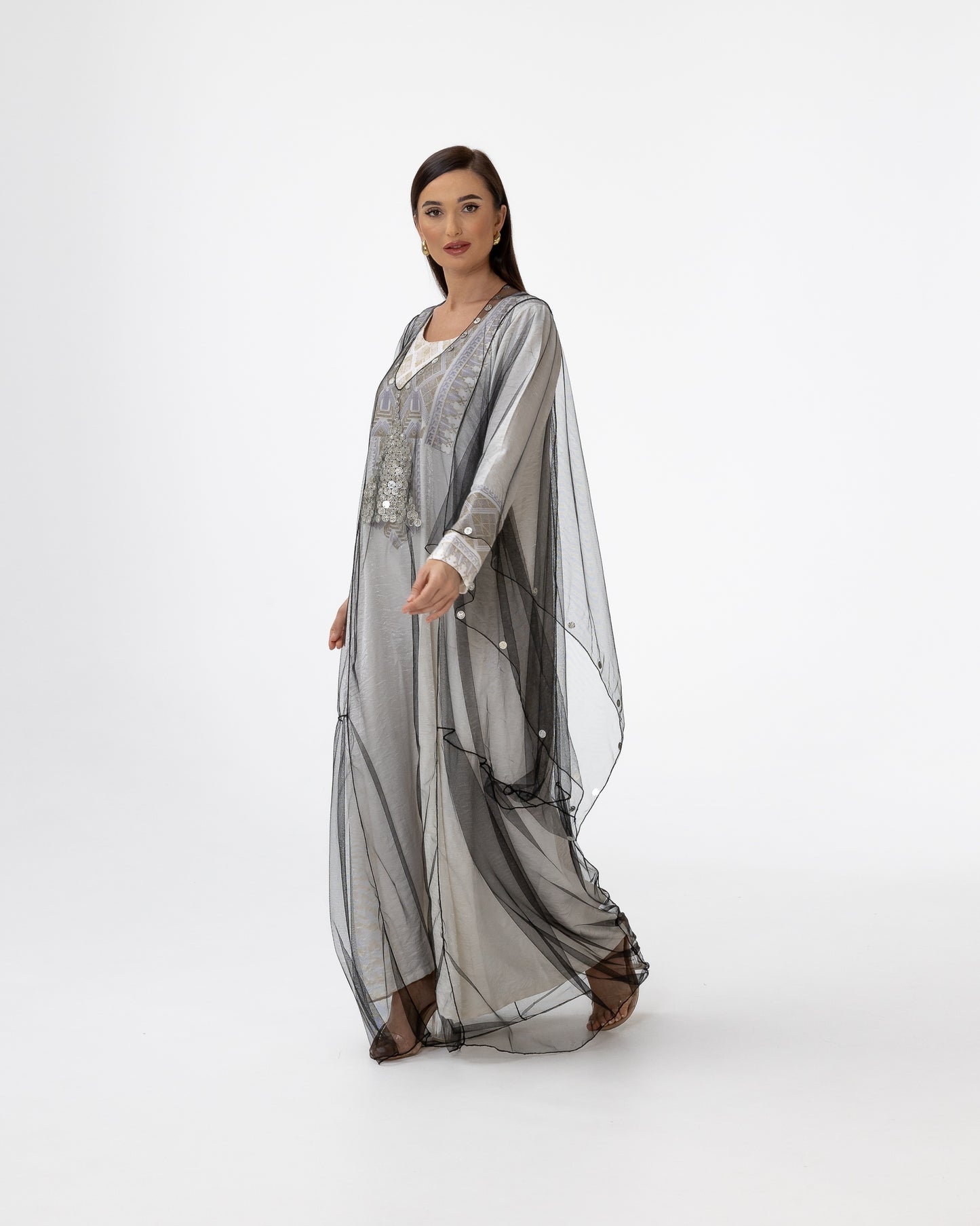 Ivory Kaftan with Sheer Overlay and Coins Details