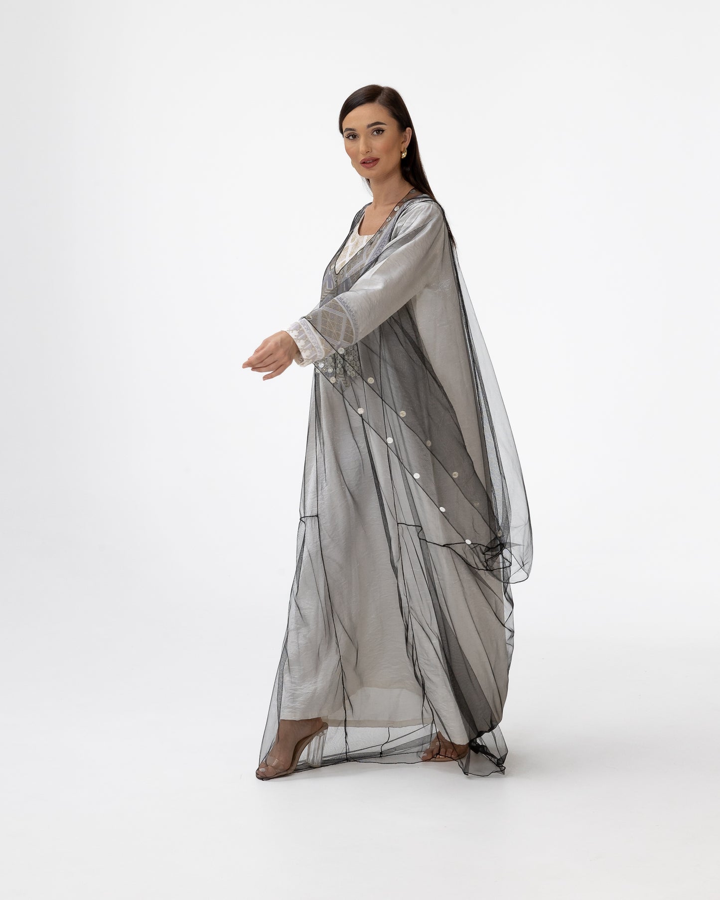 Ivory Kaftan with Sheer Overlay and Coins Details