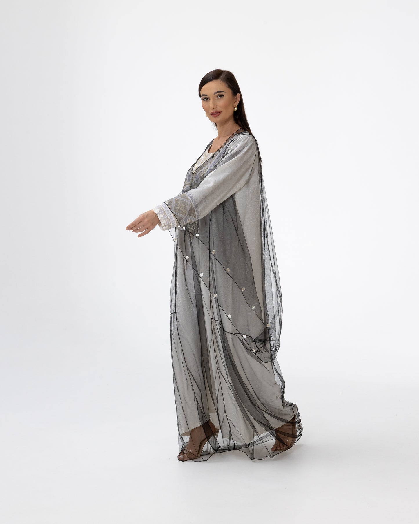 Ivory Kaftan with Sheer Overlay and Coins Details