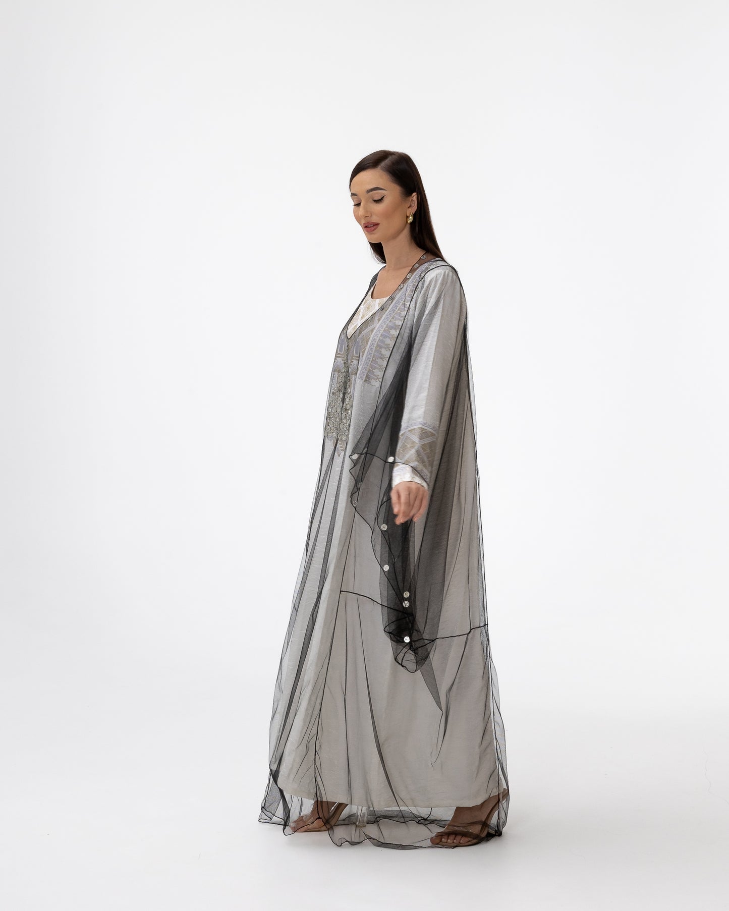 Ivory Kaftan with Sheer Overlay and Coins Details