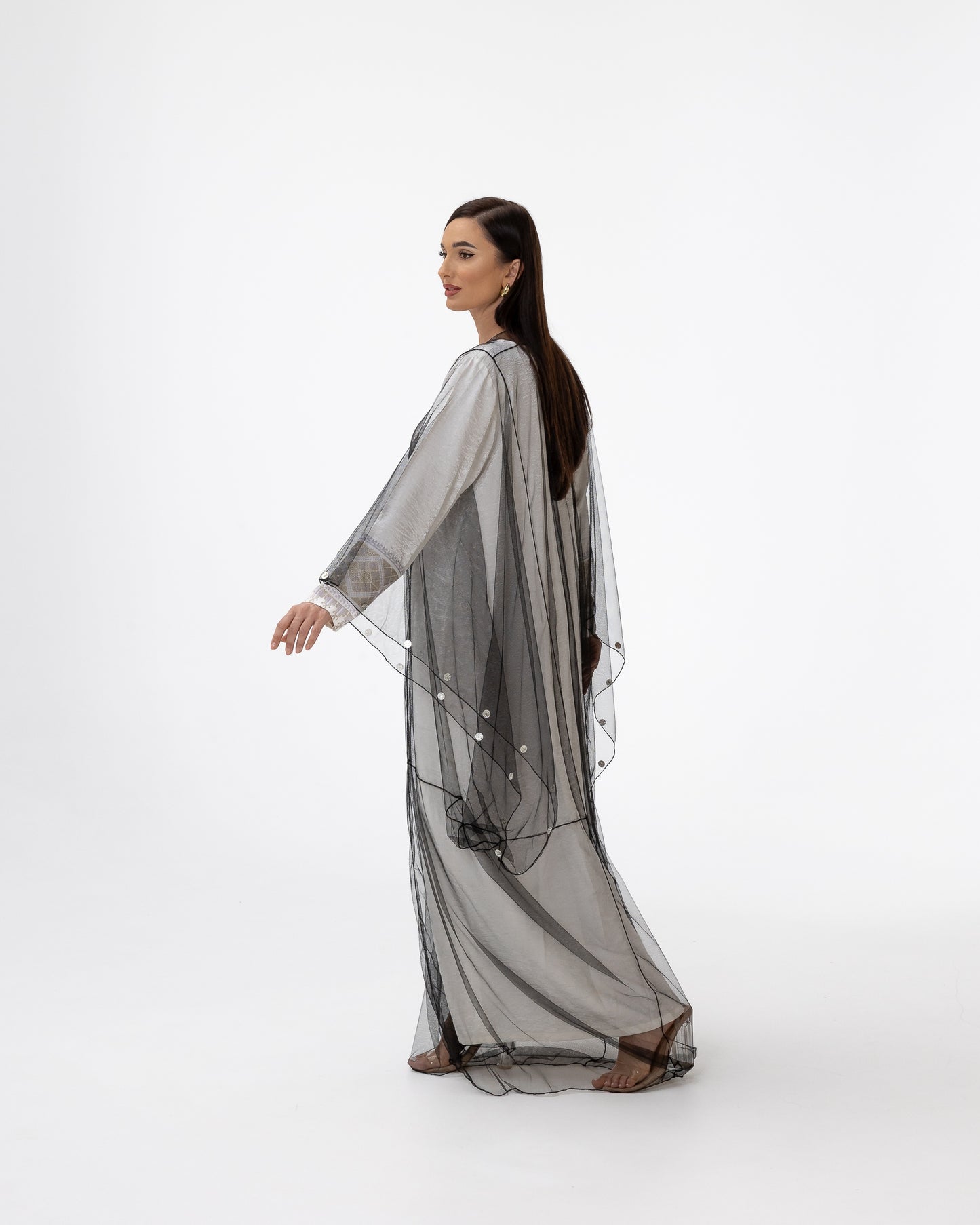 Ivory Kaftan with Sheer Overlay and Coins Details