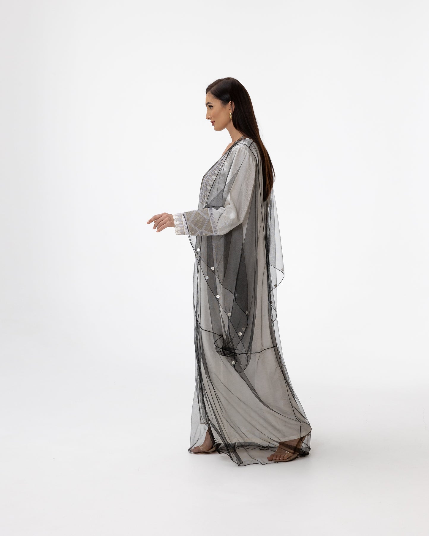 Ivory Kaftan with Sheer Overlay and Coins Details