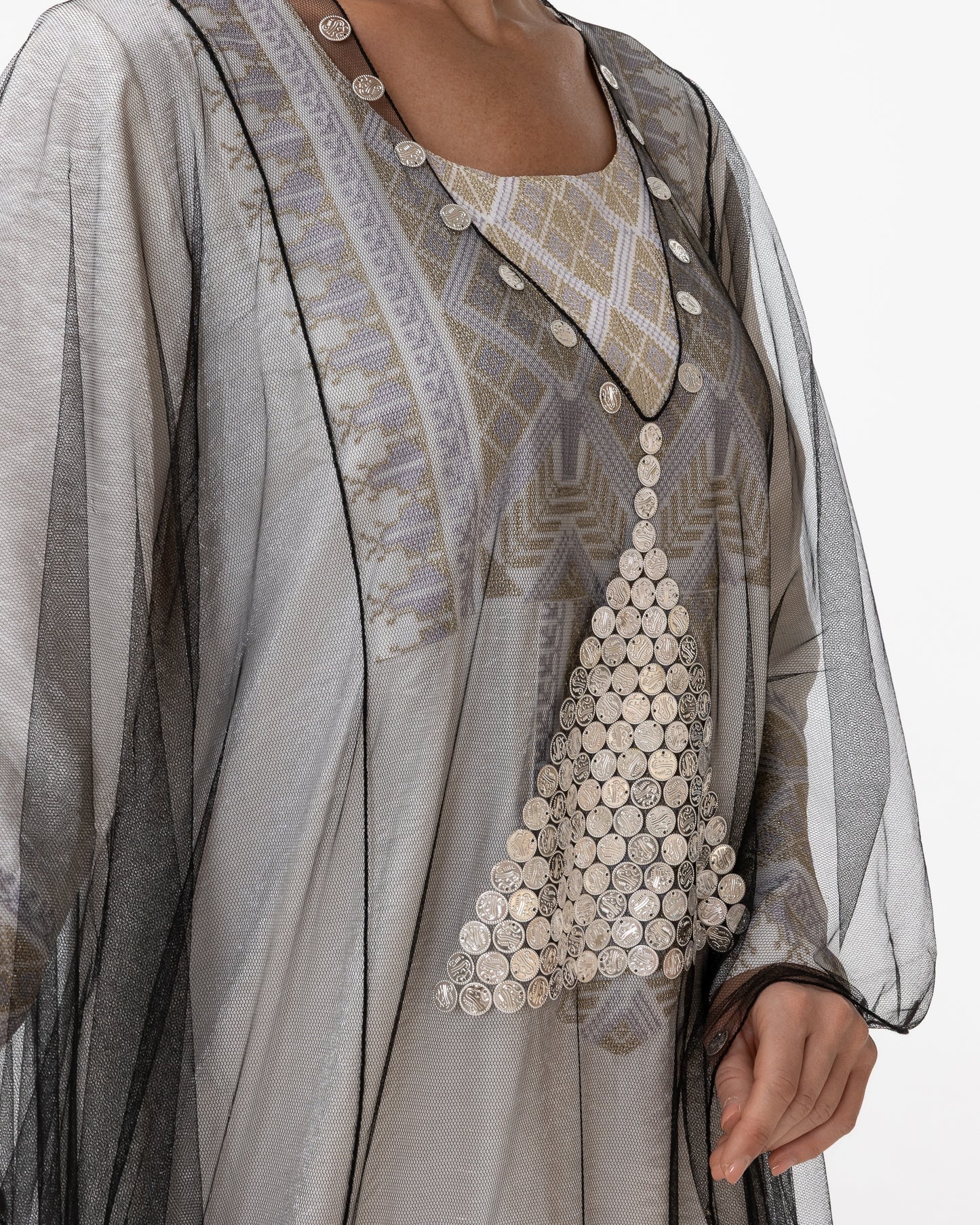 Ivory Kaftan with Sheer Overlay and Coins Details