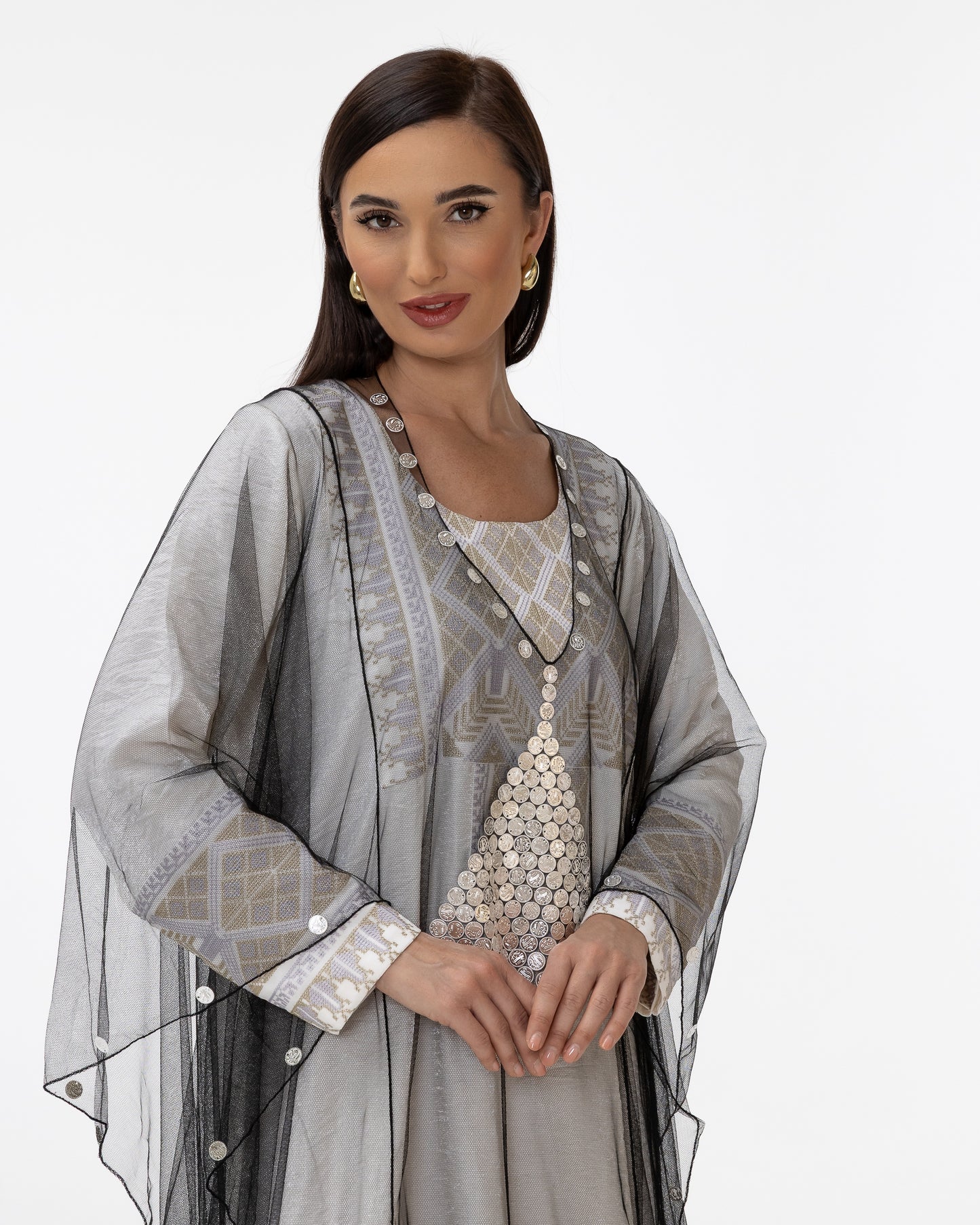 Ivory Kaftan with Sheer Overlay and Coins Details