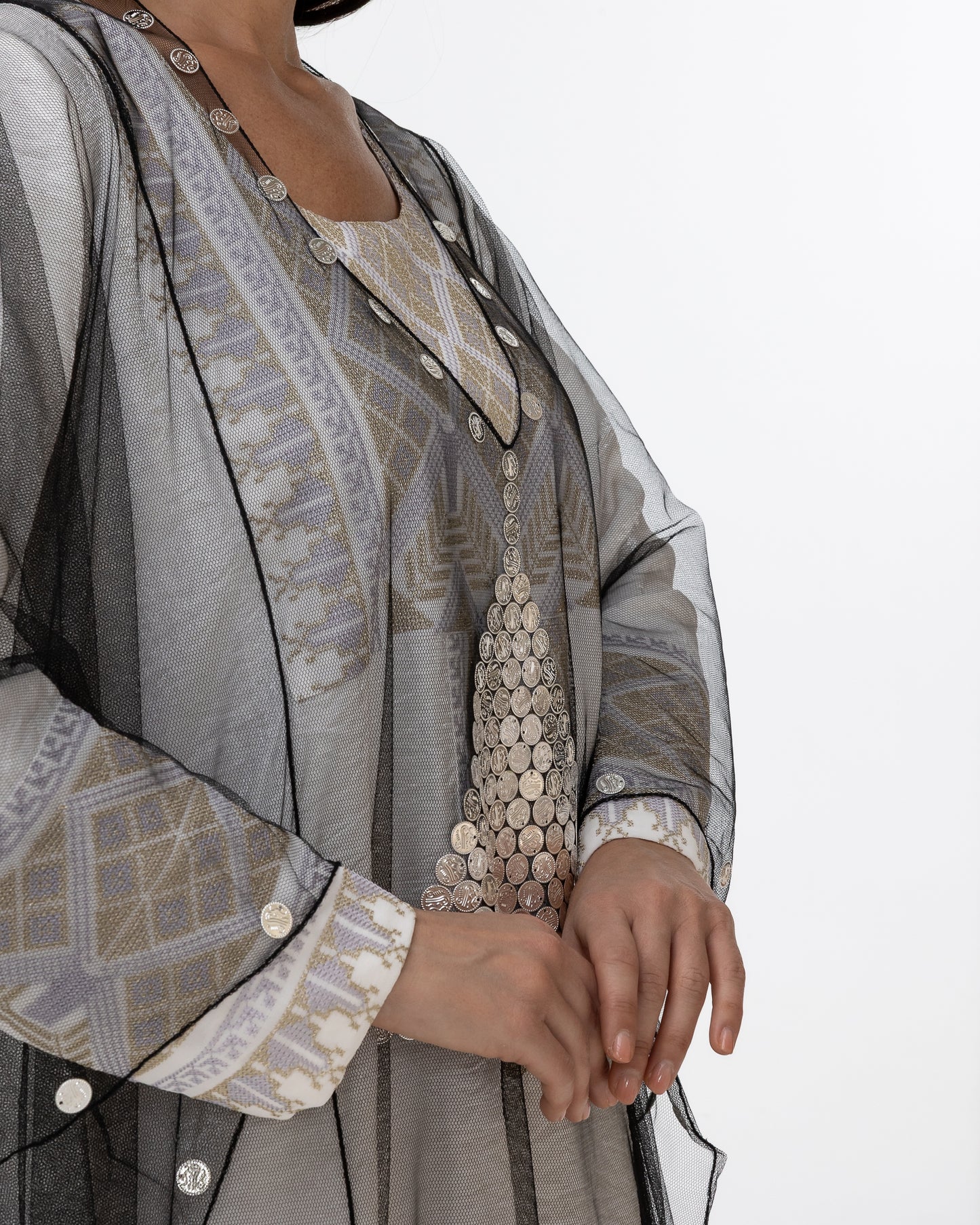 Ivory Kaftan with Sheer Overlay and Coins Details