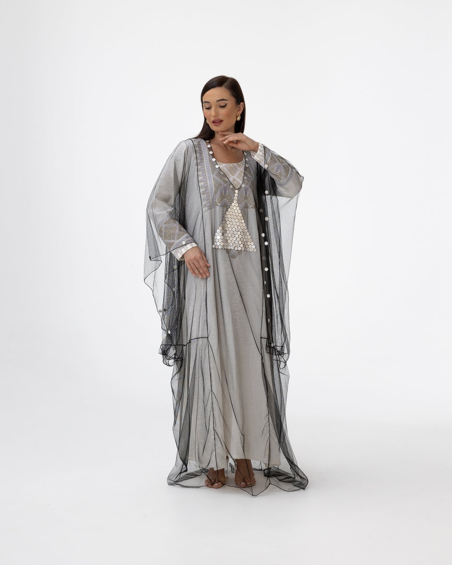 Ivory Kaftan with Sheer Overlay and Coins Details