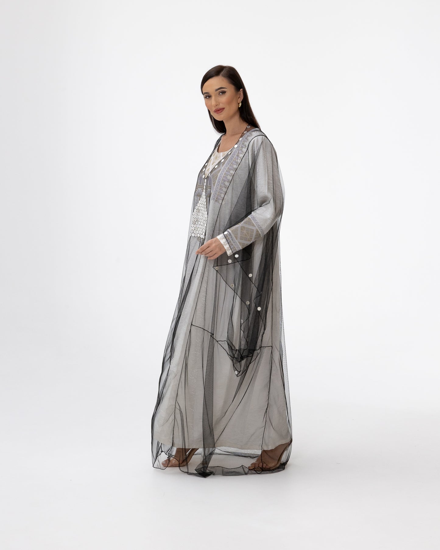 Ivory Kaftan with Sheer Overlay and Coins Details