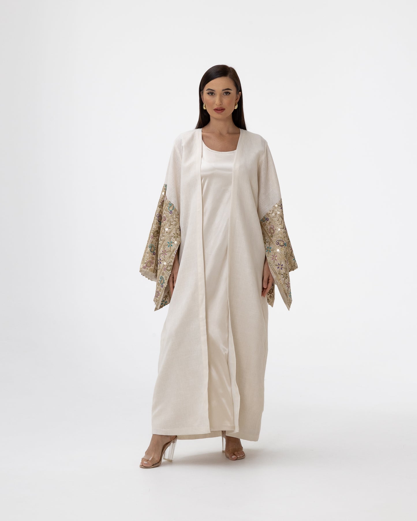 Ivory Abaya with Embroidered Sequin Sleeves