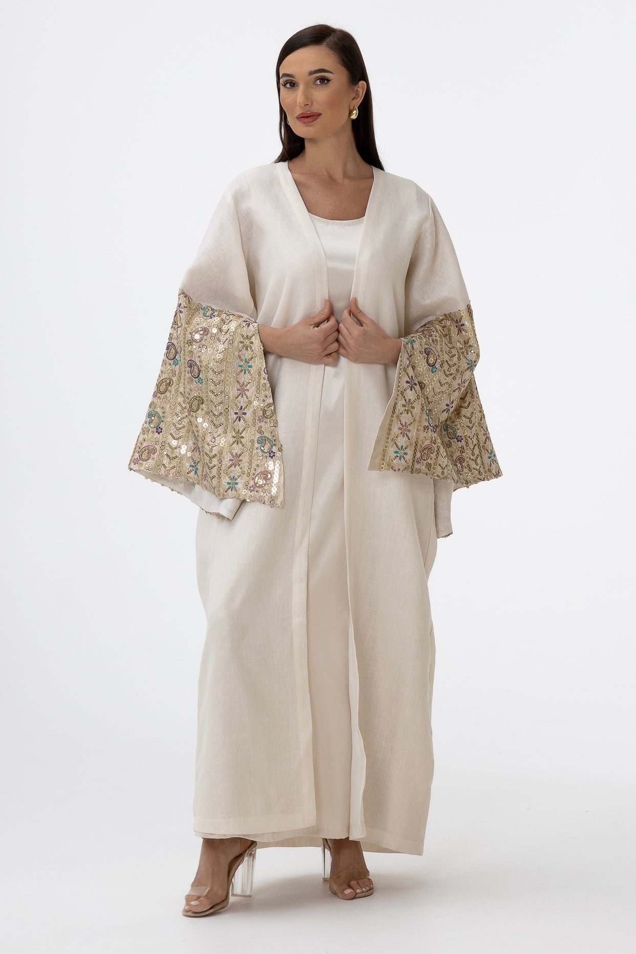 Ivory Abaya with Embroidered Sequin Sleeves