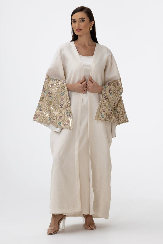 Ivory Abaya with Embroidered Sequin Sleeves