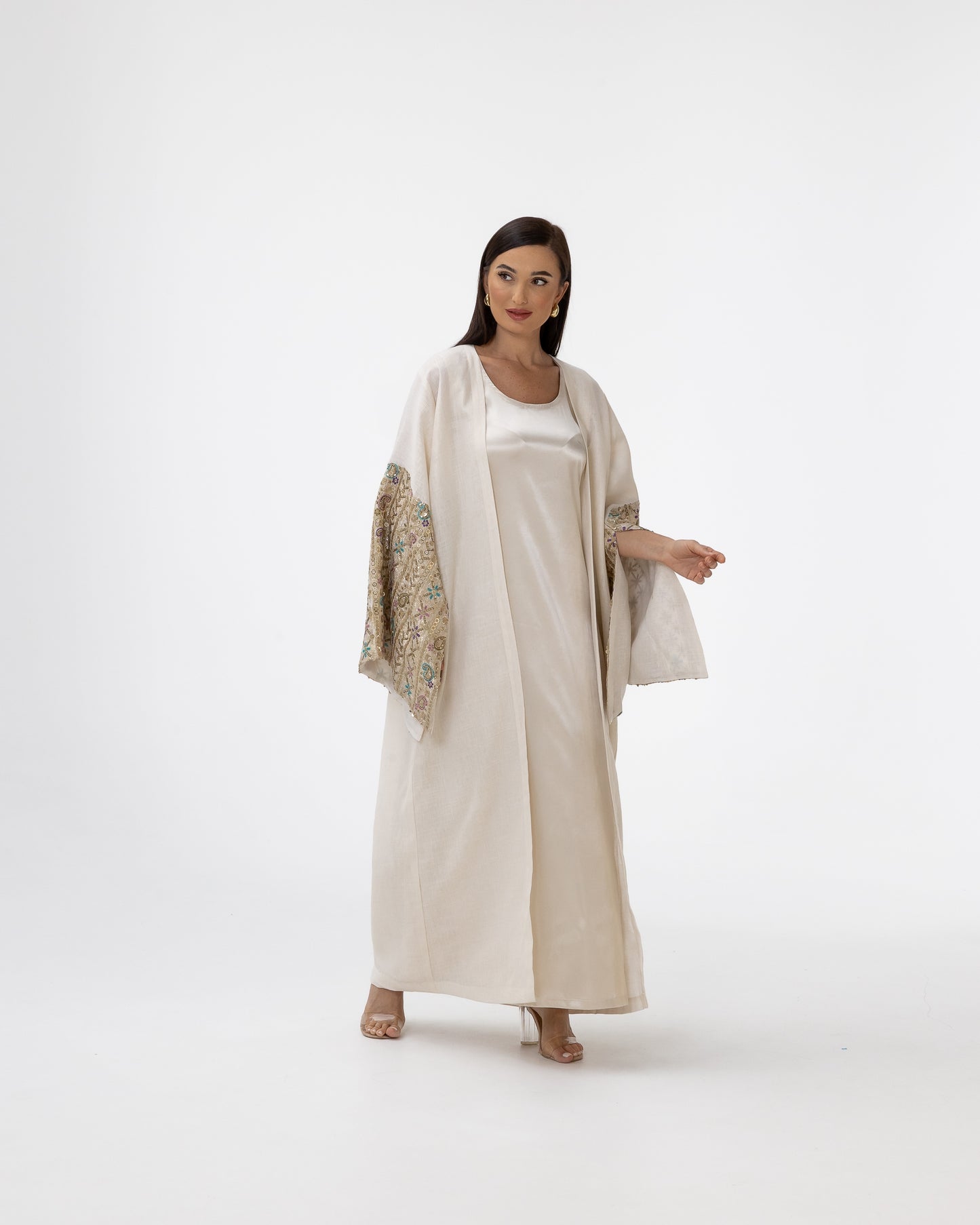 Ivory Abaya with Embroidered Sequin Sleeves