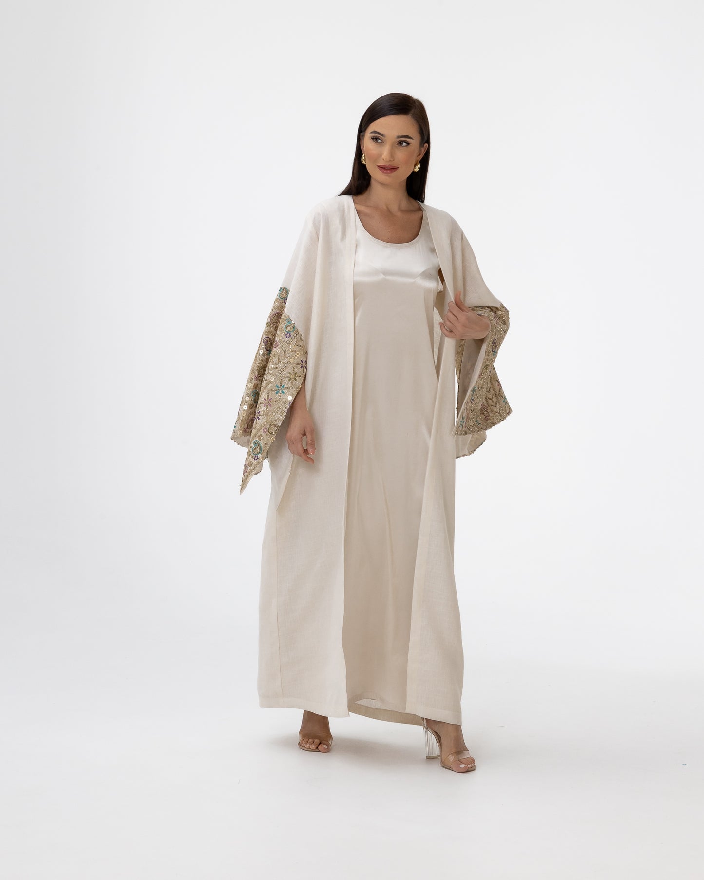 Ivory Abaya with Embroidered Sequin Sleeves