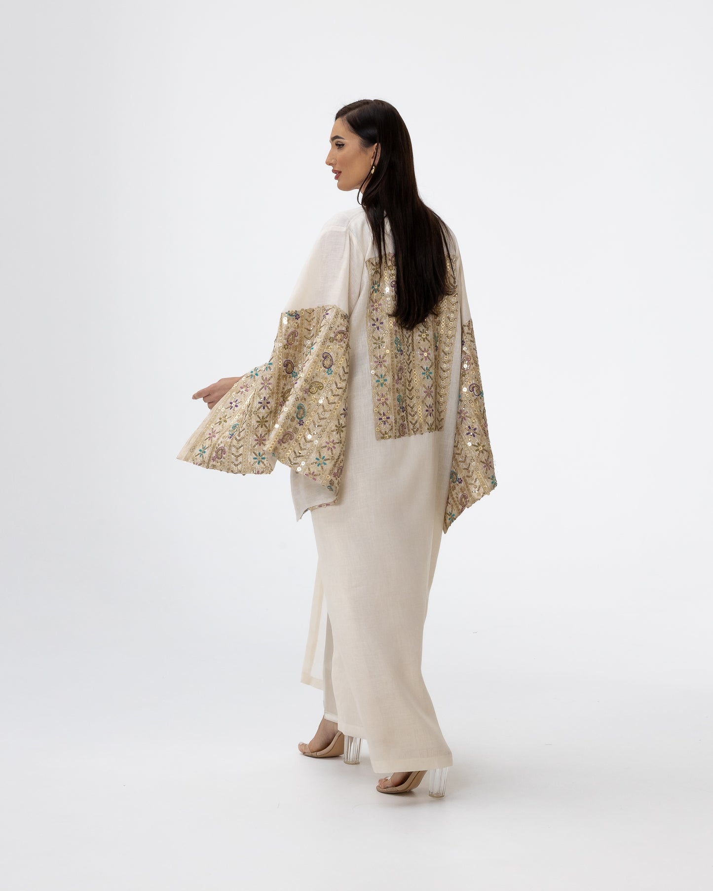 Ivory Abaya with Embroidered Sequin Sleeves