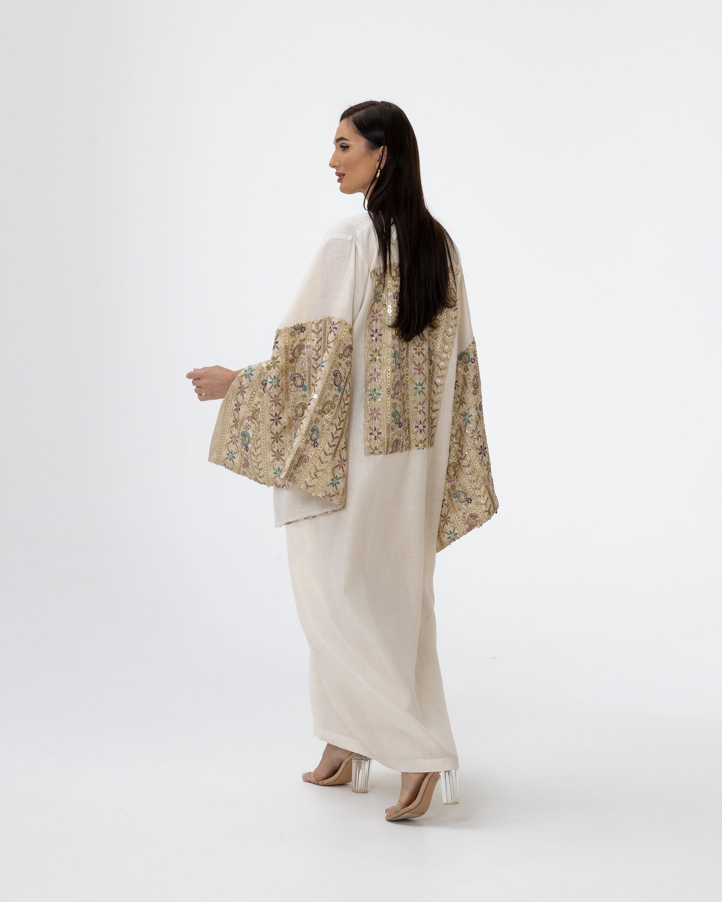 Ivory Abaya with Embroidered Sequin Sleeves