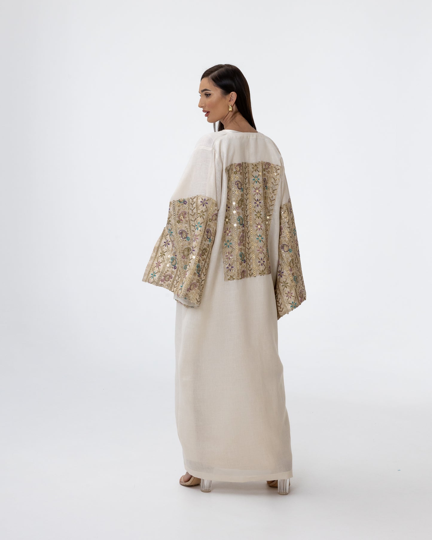 Ivory Abaya with Embroidered Sequin Sleeves