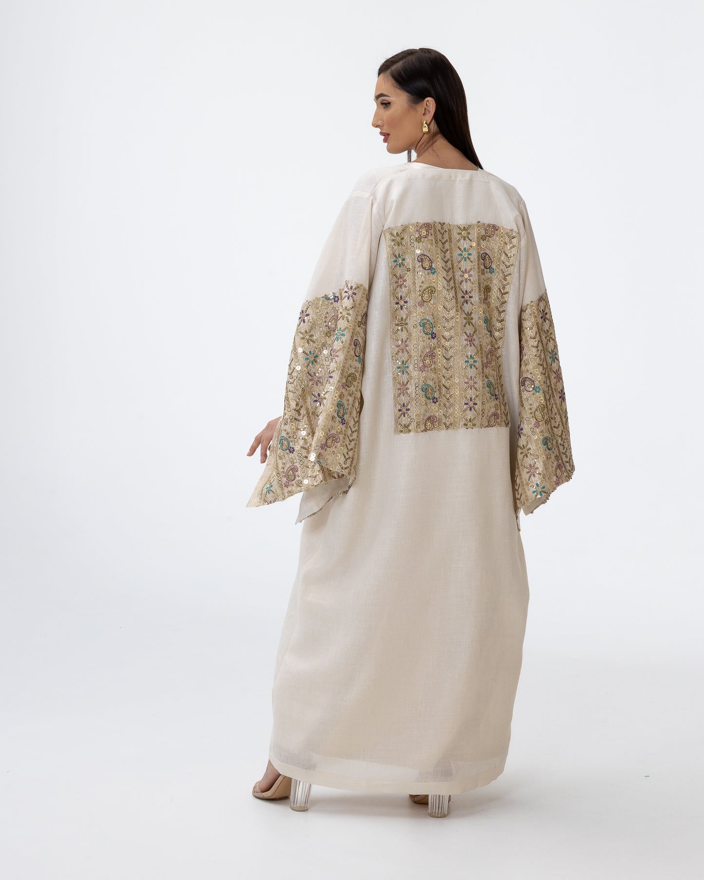 Ivory Abaya with Embroidered Sequin Sleeves