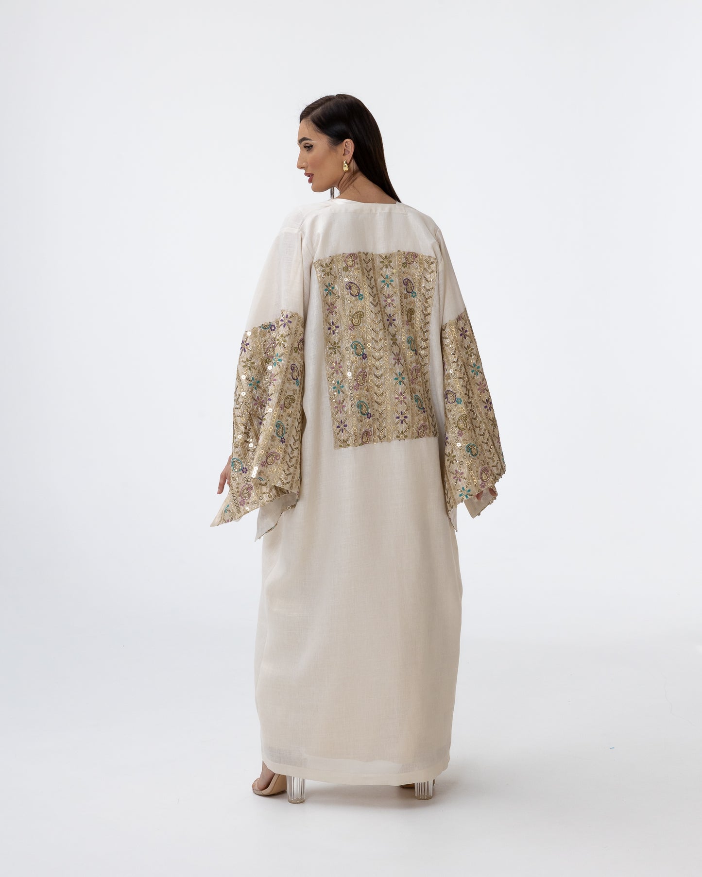 Ivory Abaya with Embroidered Sequin Sleeves