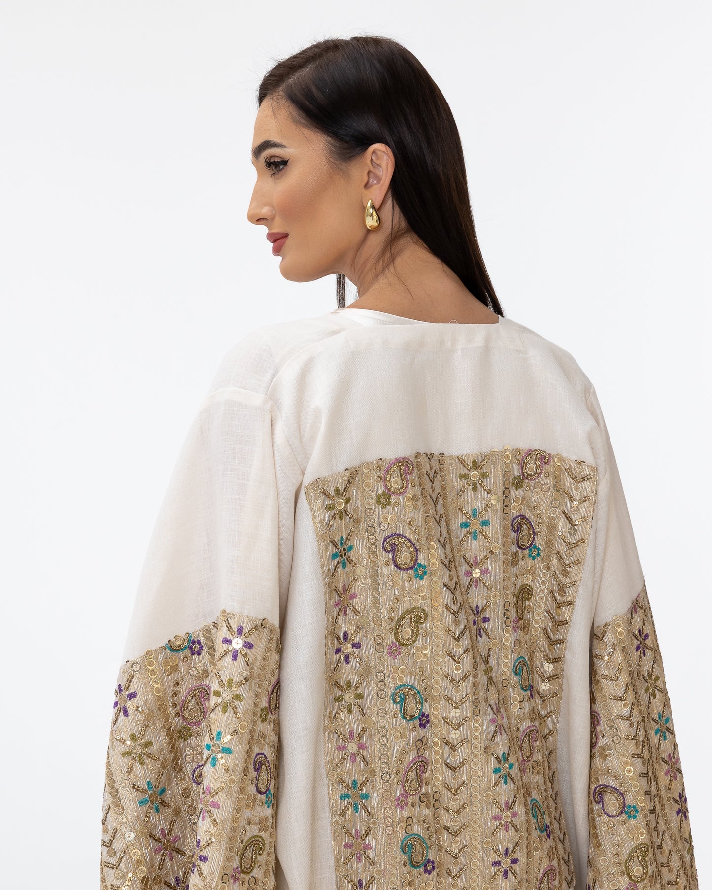Ivory Abaya with Embroidered Sequin Sleeves