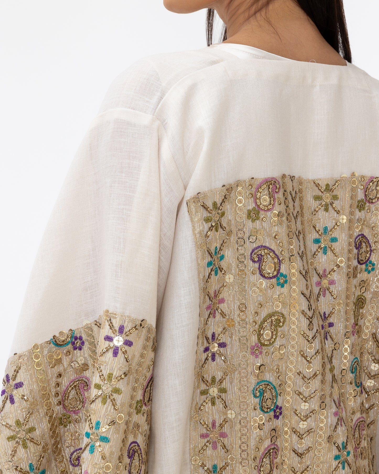 Ivory Abaya with Embroidered Sequin Sleeves