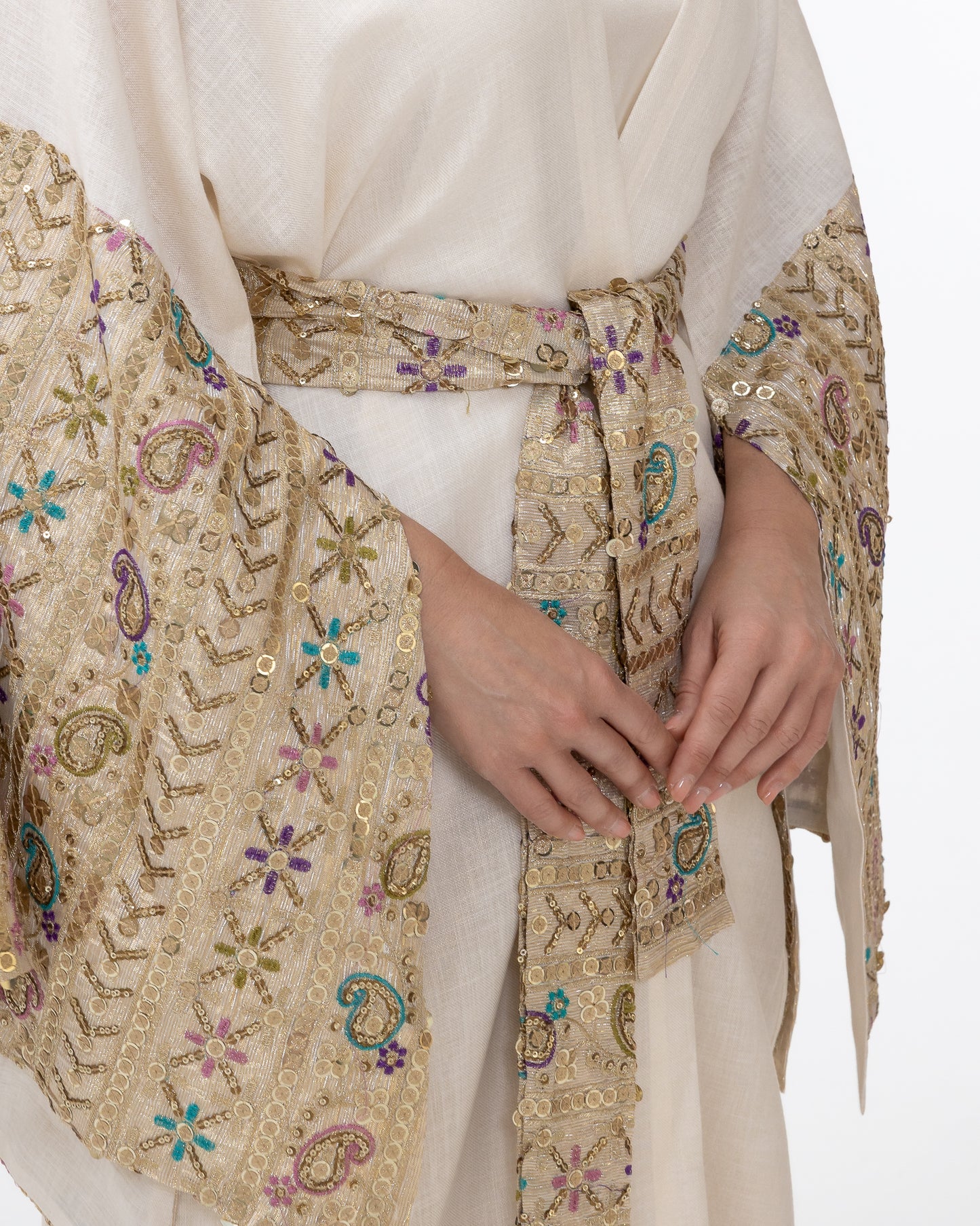 Ivory Abaya with Embroidered Sequin Sleeves