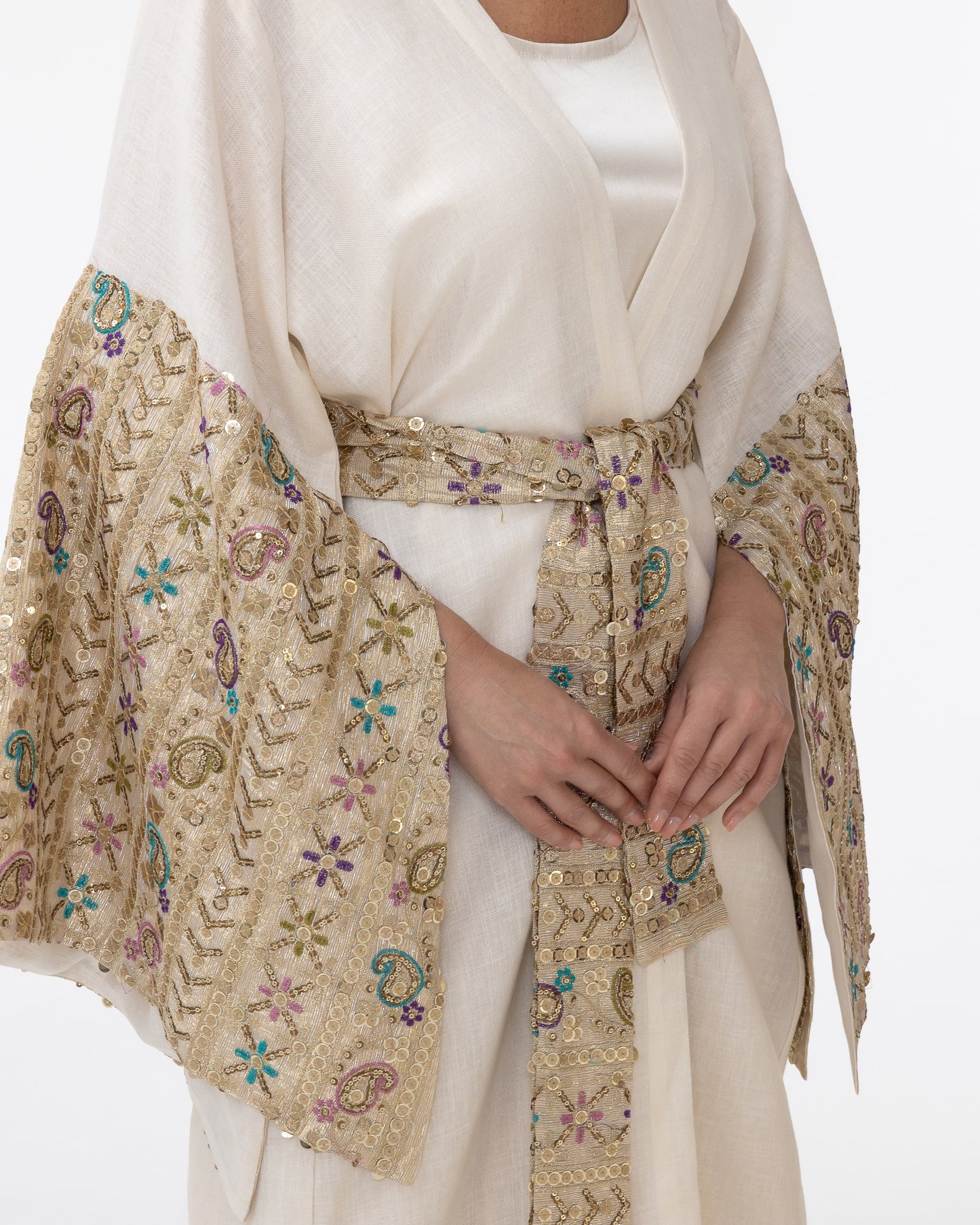 Ivory Abaya with Embroidered Sequin Sleeves
