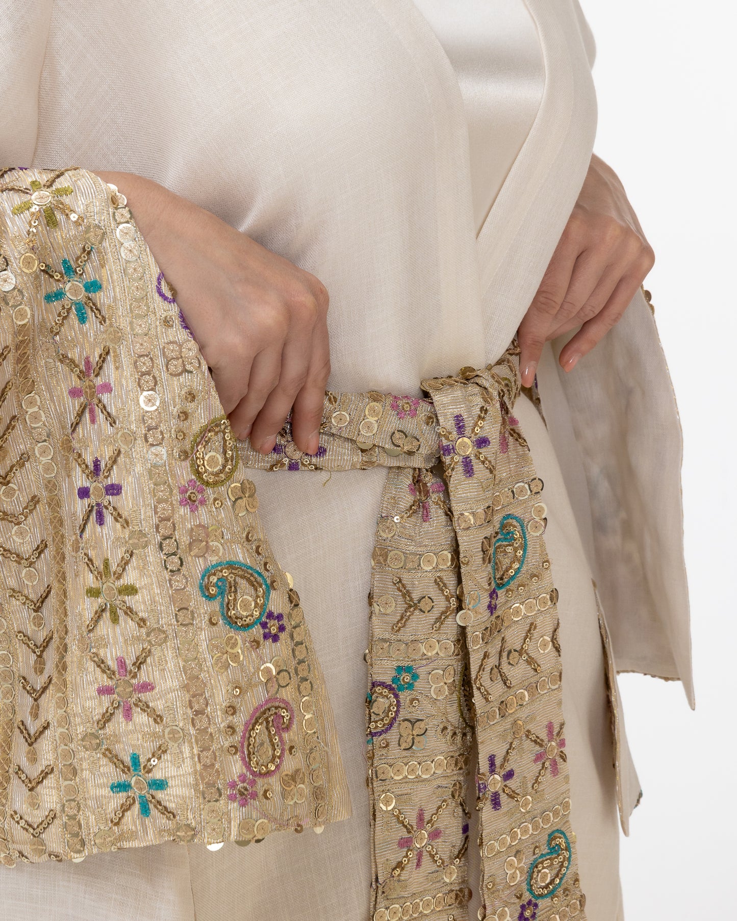Ivory Abaya with Embroidered Sequin Sleeves