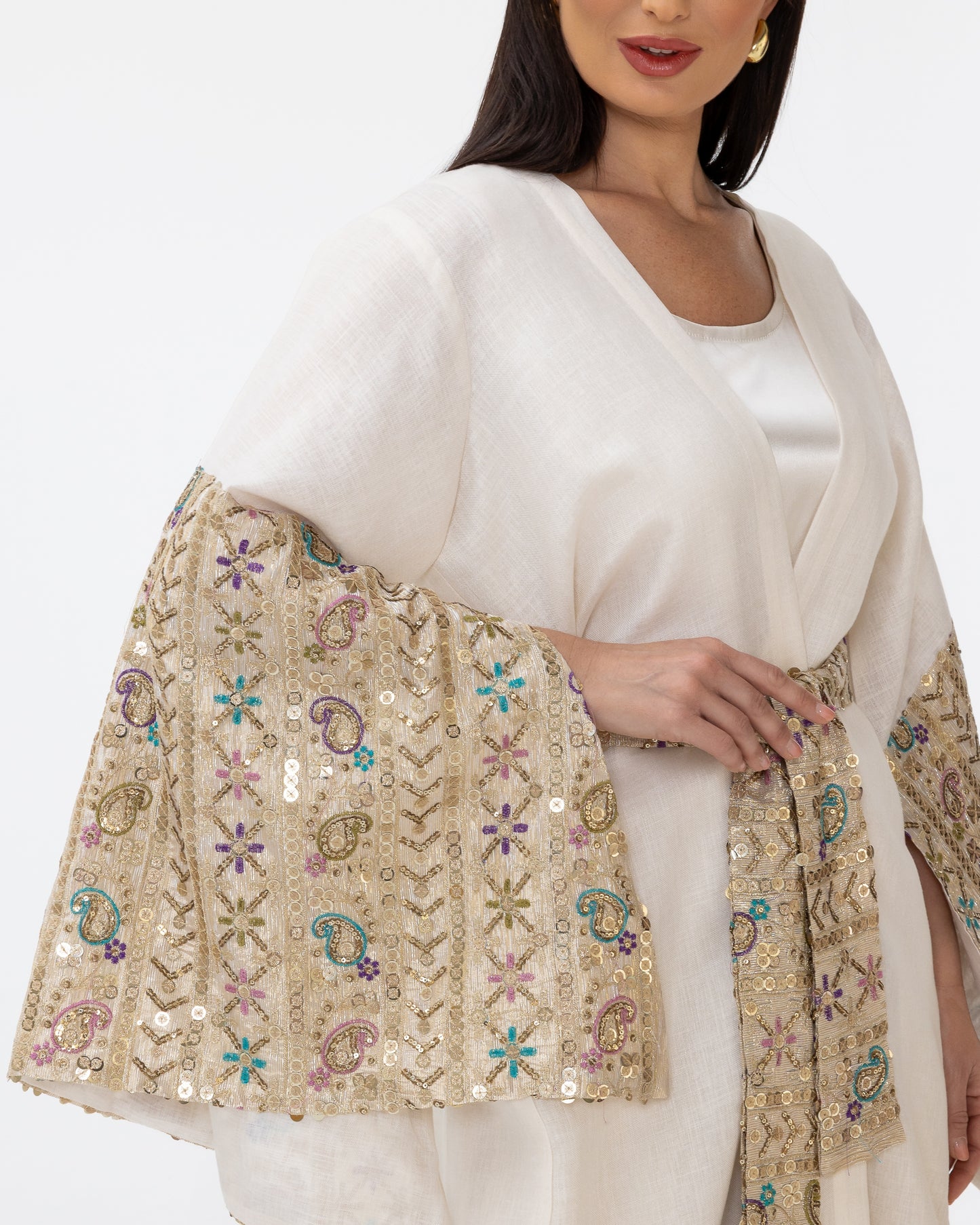 Ivory Abaya with Embroidered Sequin Sleeves