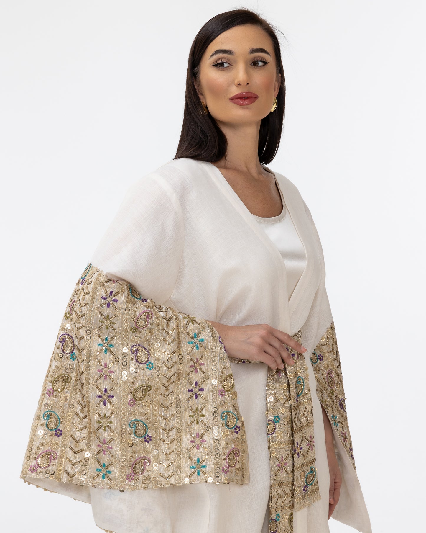 Ivory Abaya with Embroidered Sequin Sleeves