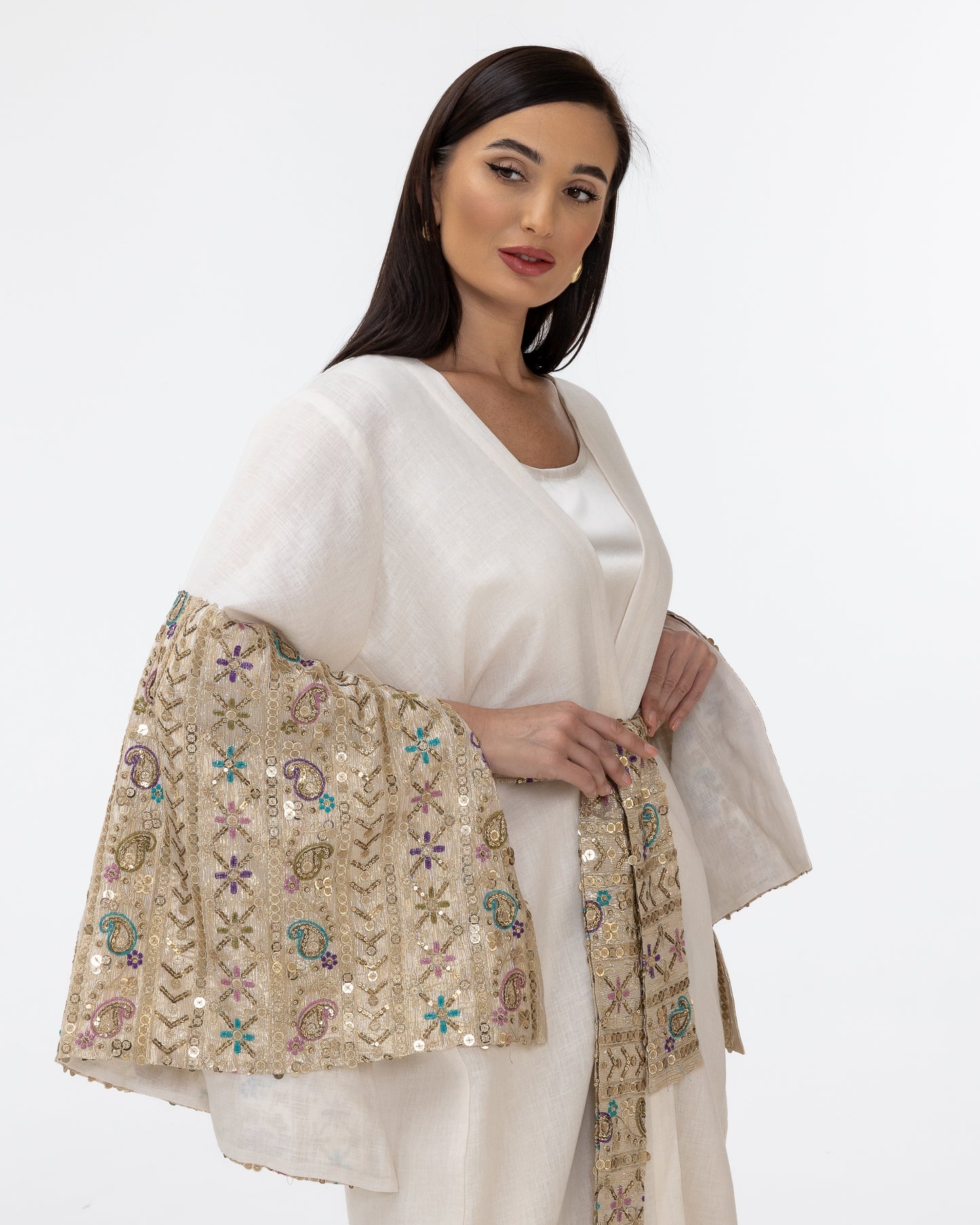 Ivory Abaya with Embroidered Sequin Sleeves
