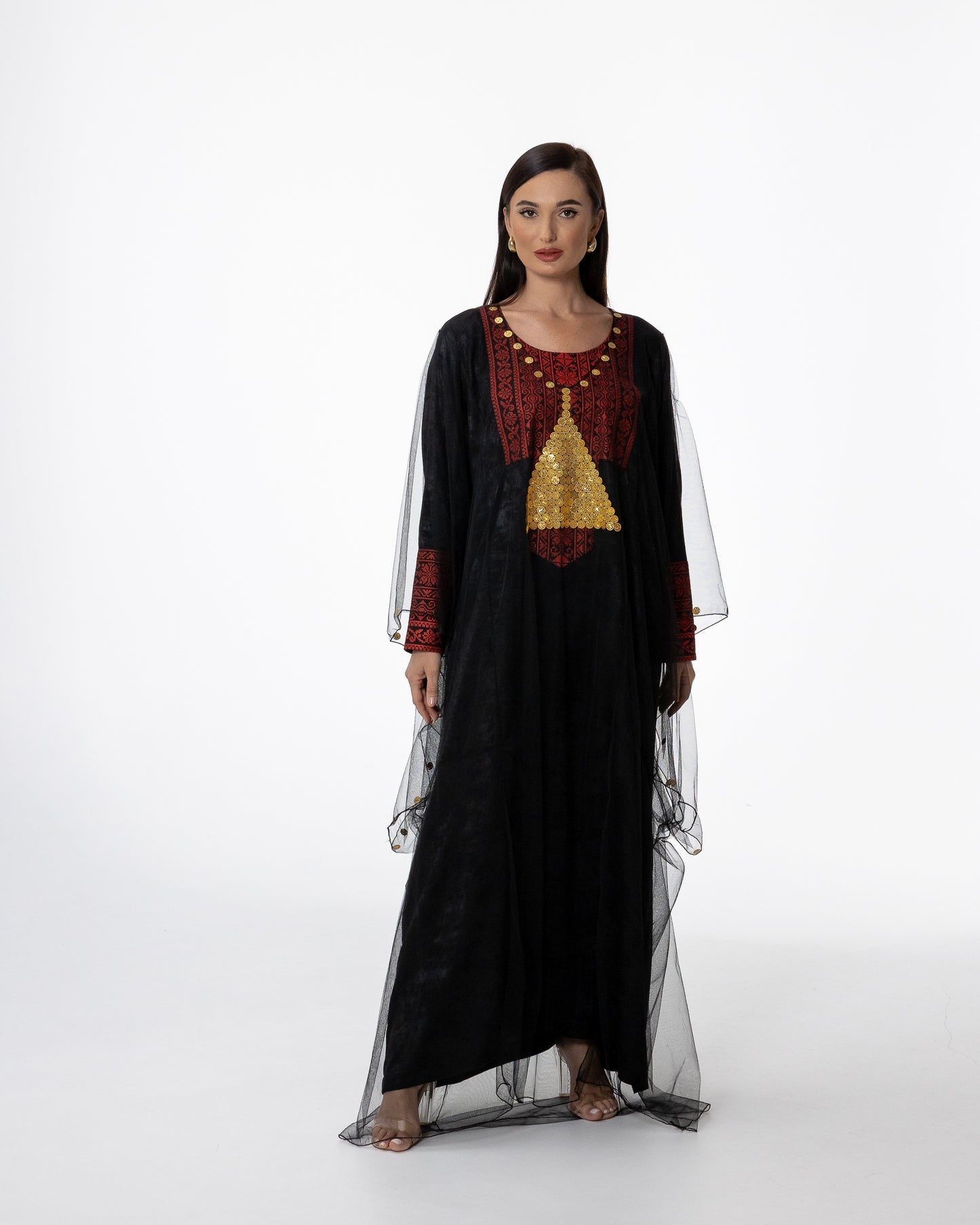Black Kaftan with Sheer Overlay and Coins Details
