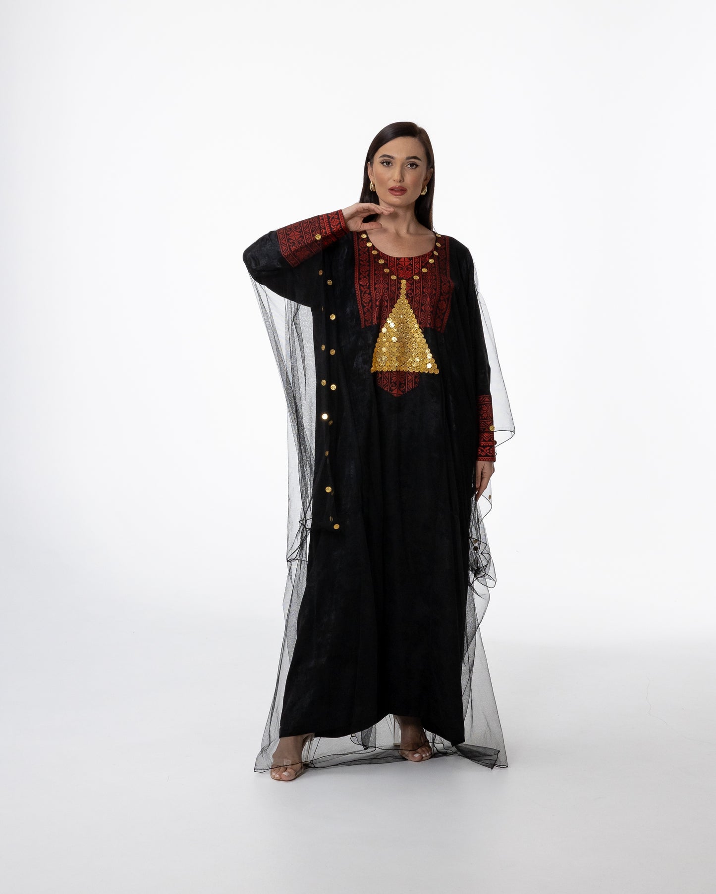 Black Kaftan with Sheer Overlay and Coins Details