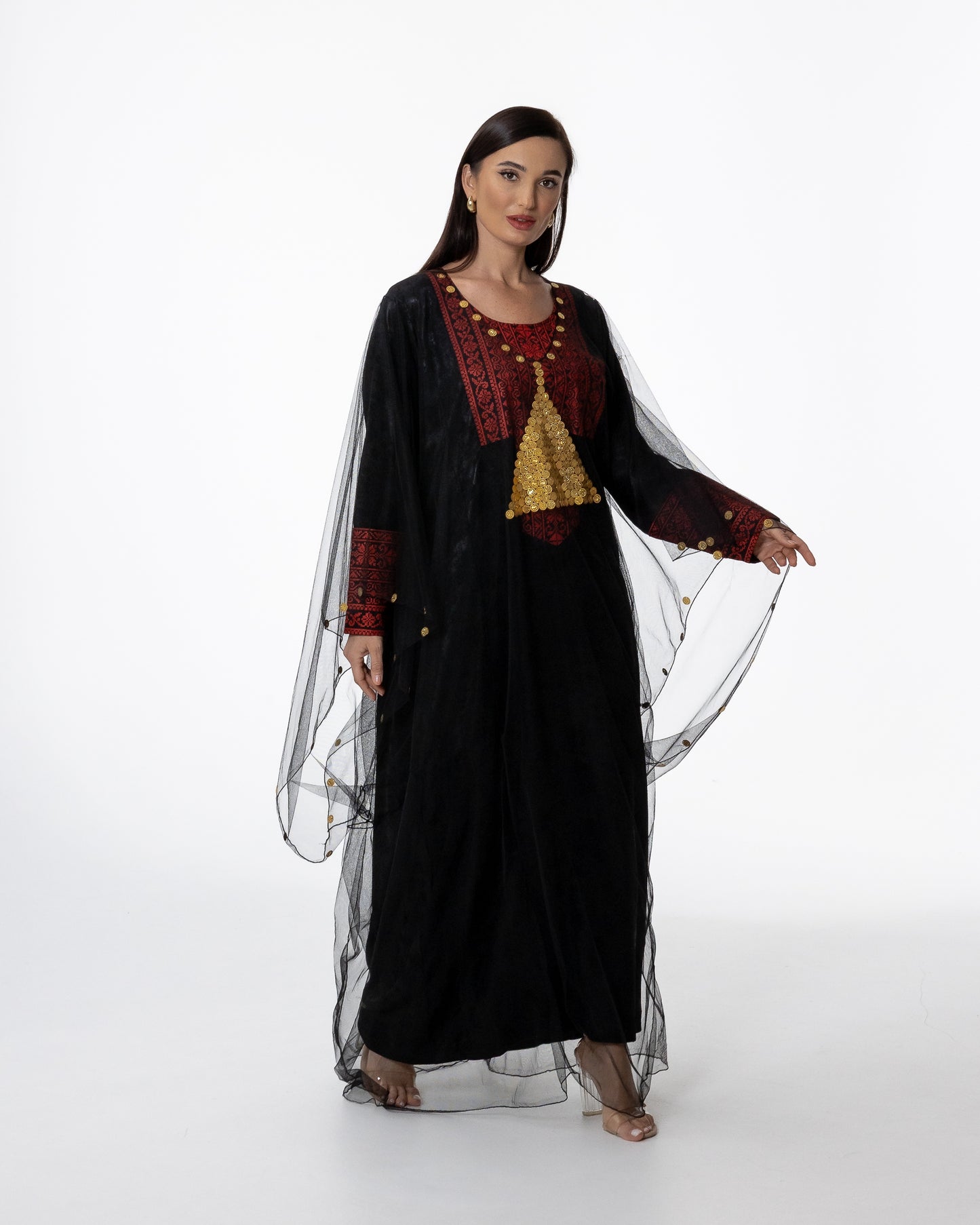 Black Kaftan with Sheer Overlay and Coins Details