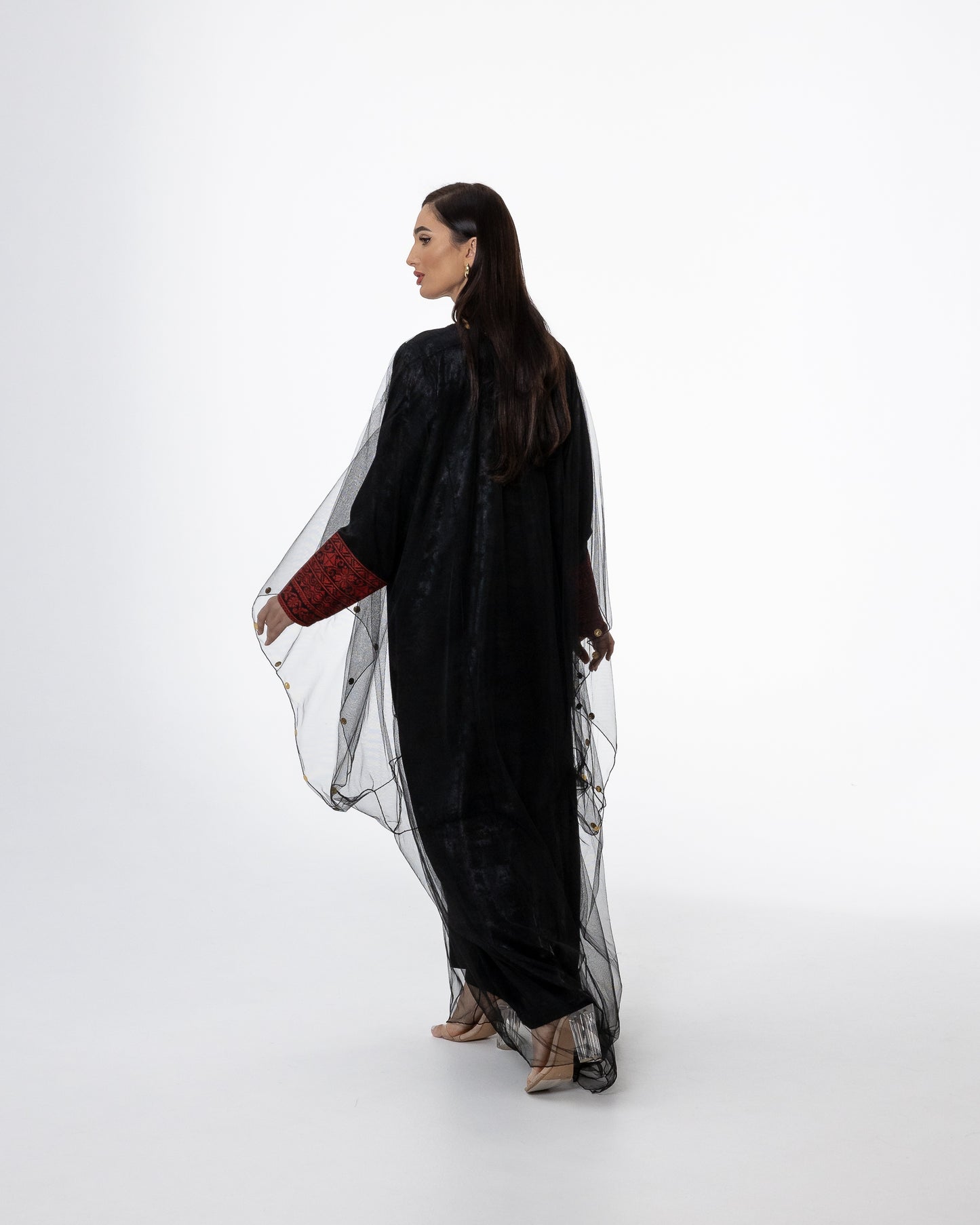 Black Kaftan with Sheer Overlay and Coins Details